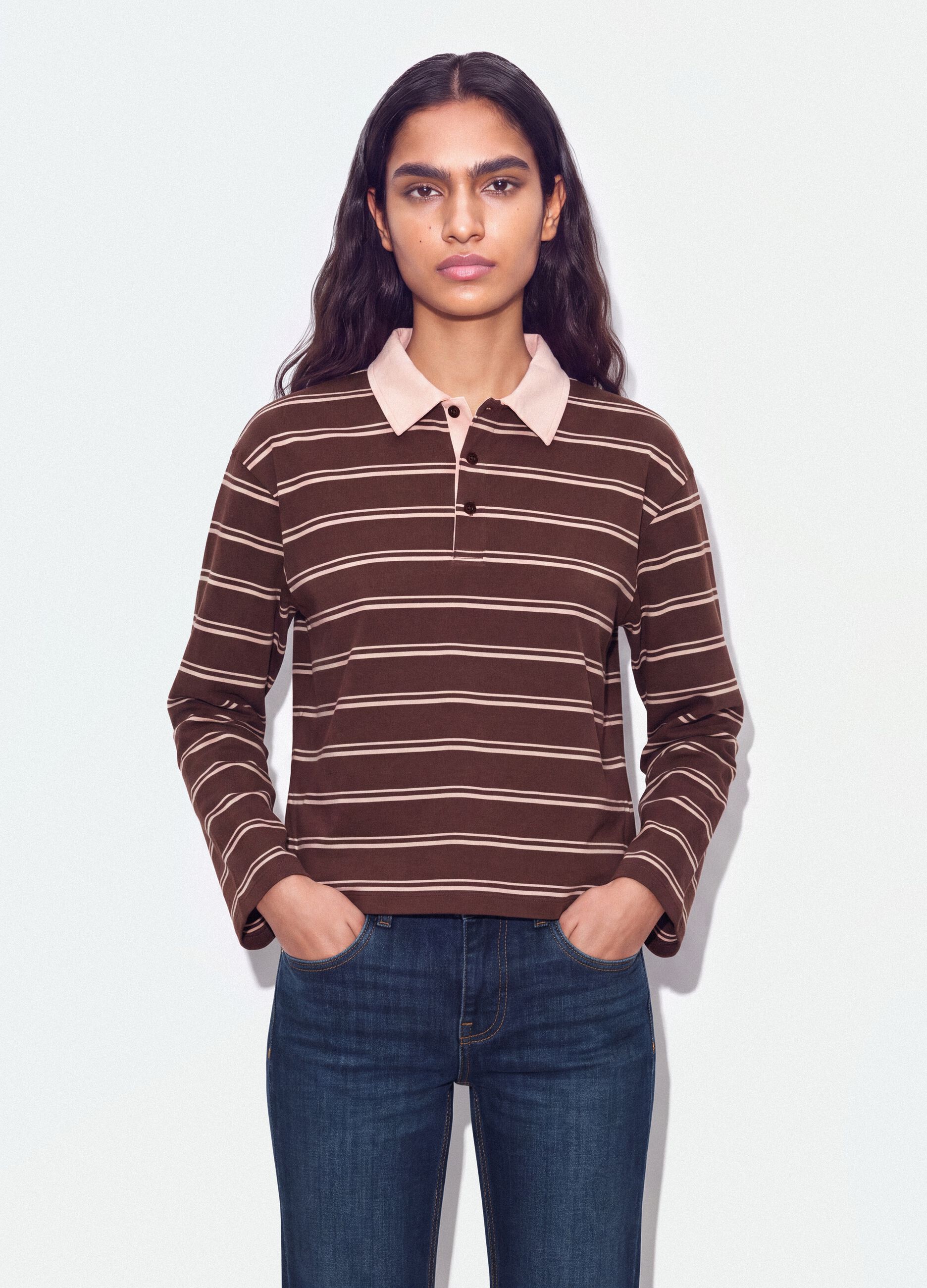 Braunes Polo aus reiner Baumwolle mit Streifen, Langarm, Regular Fit