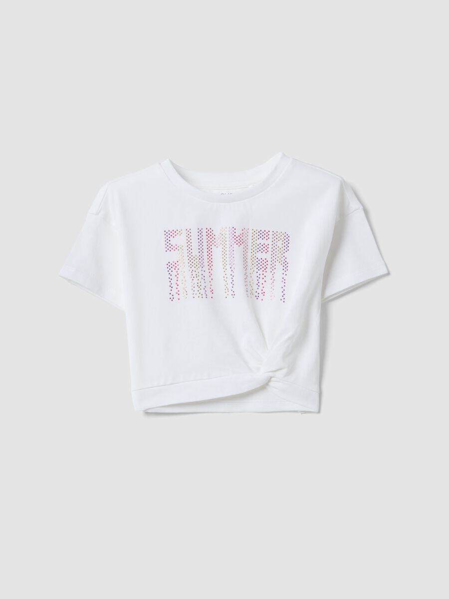 White stretch-cotton T-shirt with rhinestones_0