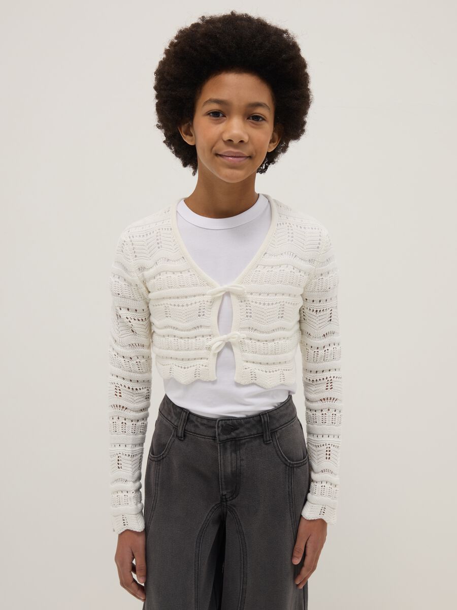 Girl's white pure cotton cardigan with regular fit, knit_0