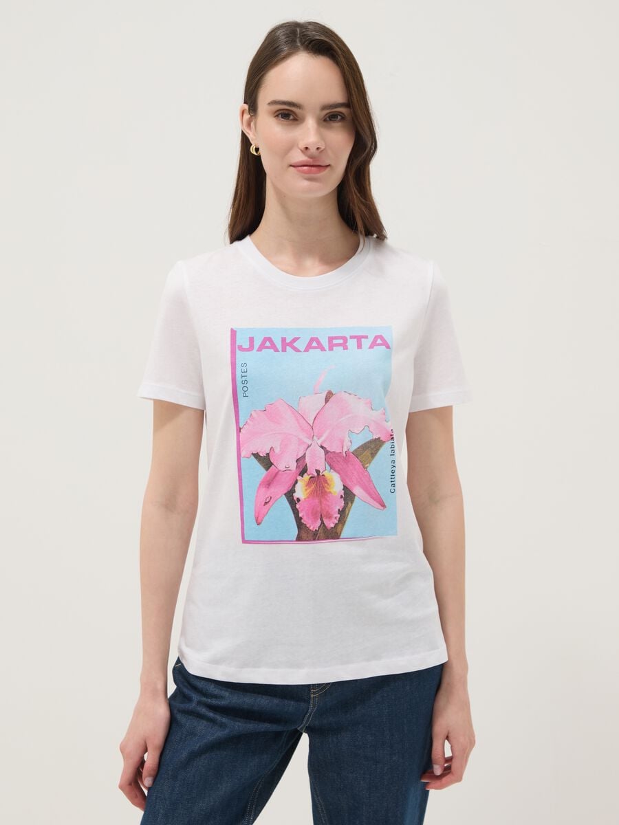 White pure cotton T-shirt with front print_0