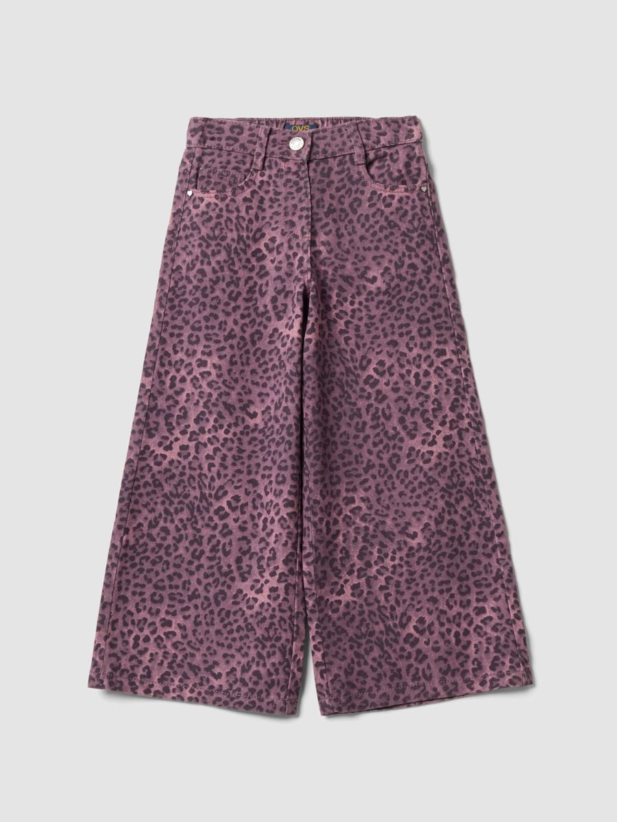 Violette Wide-Leg-Hose aus reiner Baumwolle mit Animal-Print f&uuml;r M&auml;dchen_0