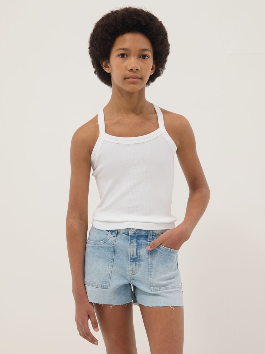 D&eacute;bardeur blanc c&ocirc;tel&eacute; en coton stretch pour fille, coupe ajust&eacute;e_0