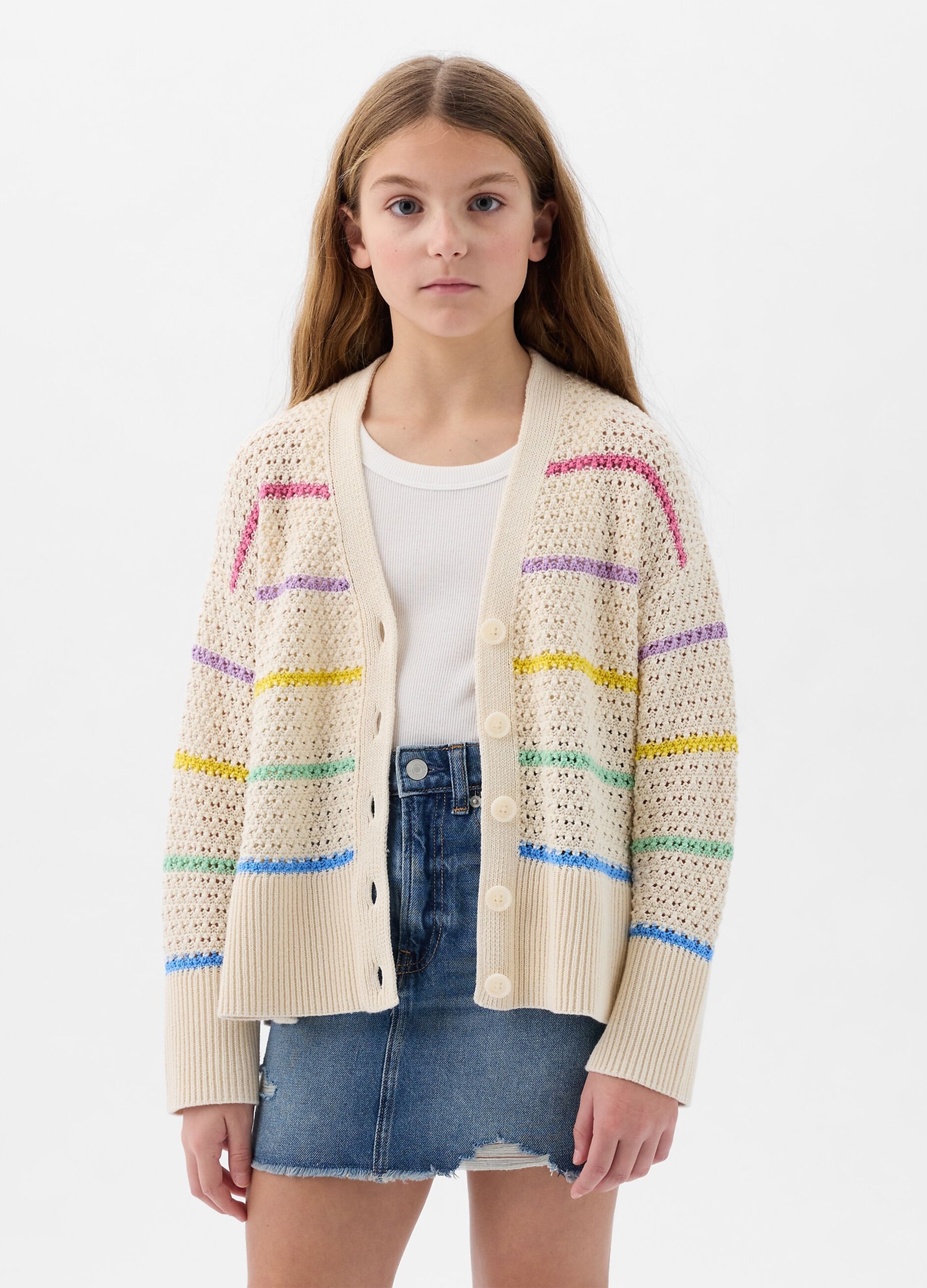 Cardigan with multicoloured striped pointelle stitch