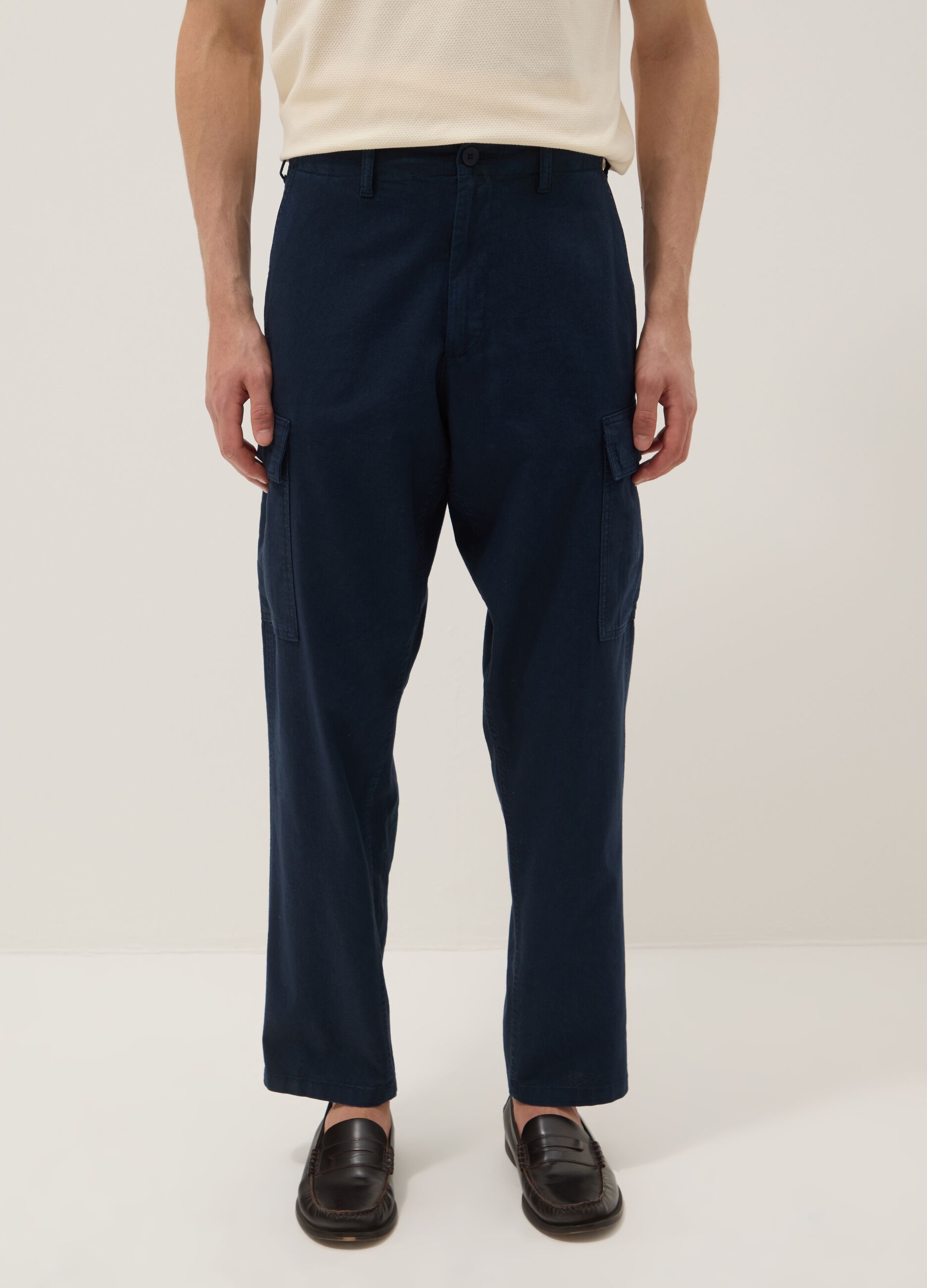 Blaue Cargo-Hose in Leinen-Baumwoll-Mix, Regular Fit