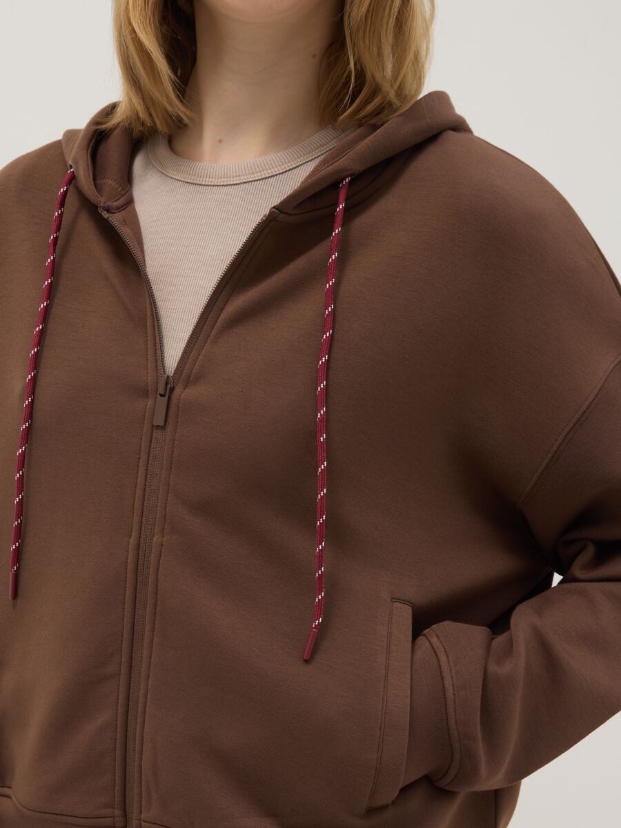 Brown modal blend regular fit hoodie with full zip_3