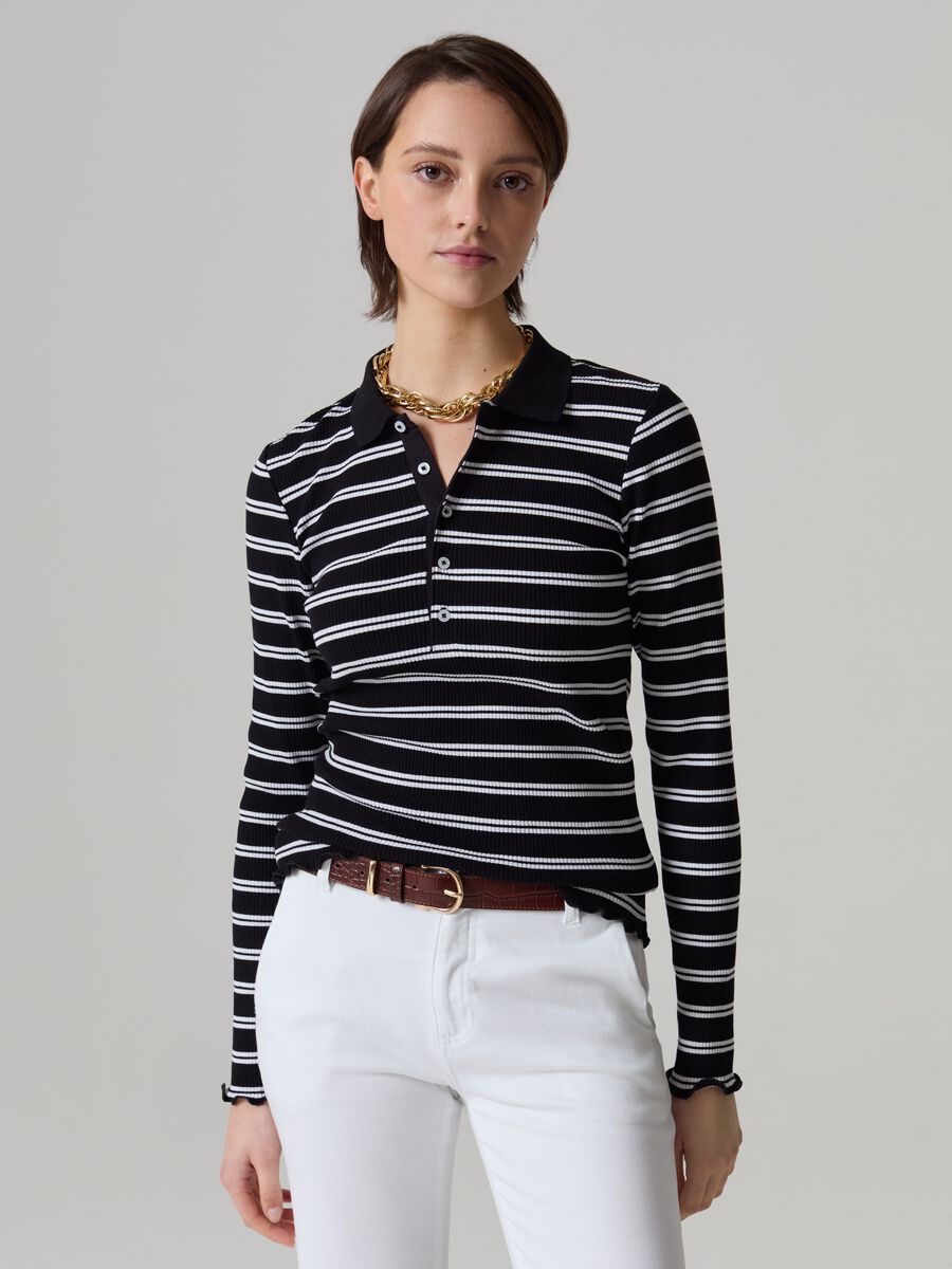 Long-sleeved polo shirt with wavy edging_0