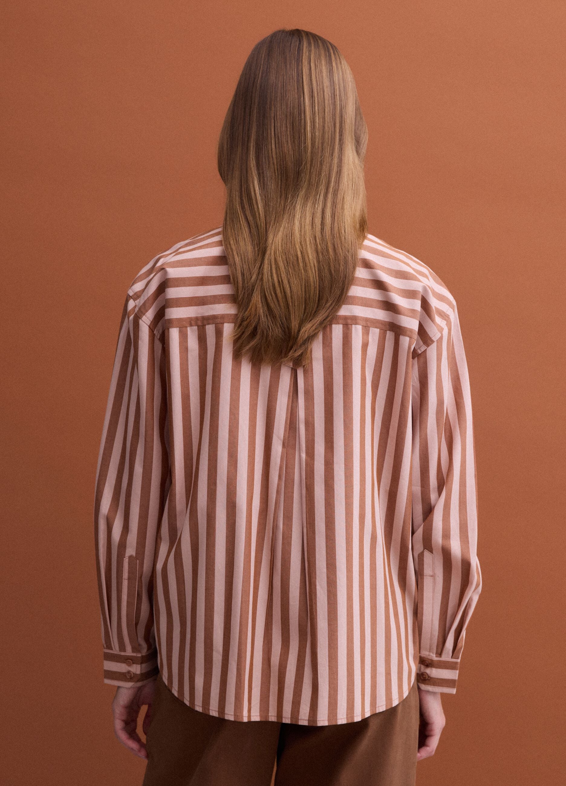 Brown striped pure cotton poplin shirt, regular fit