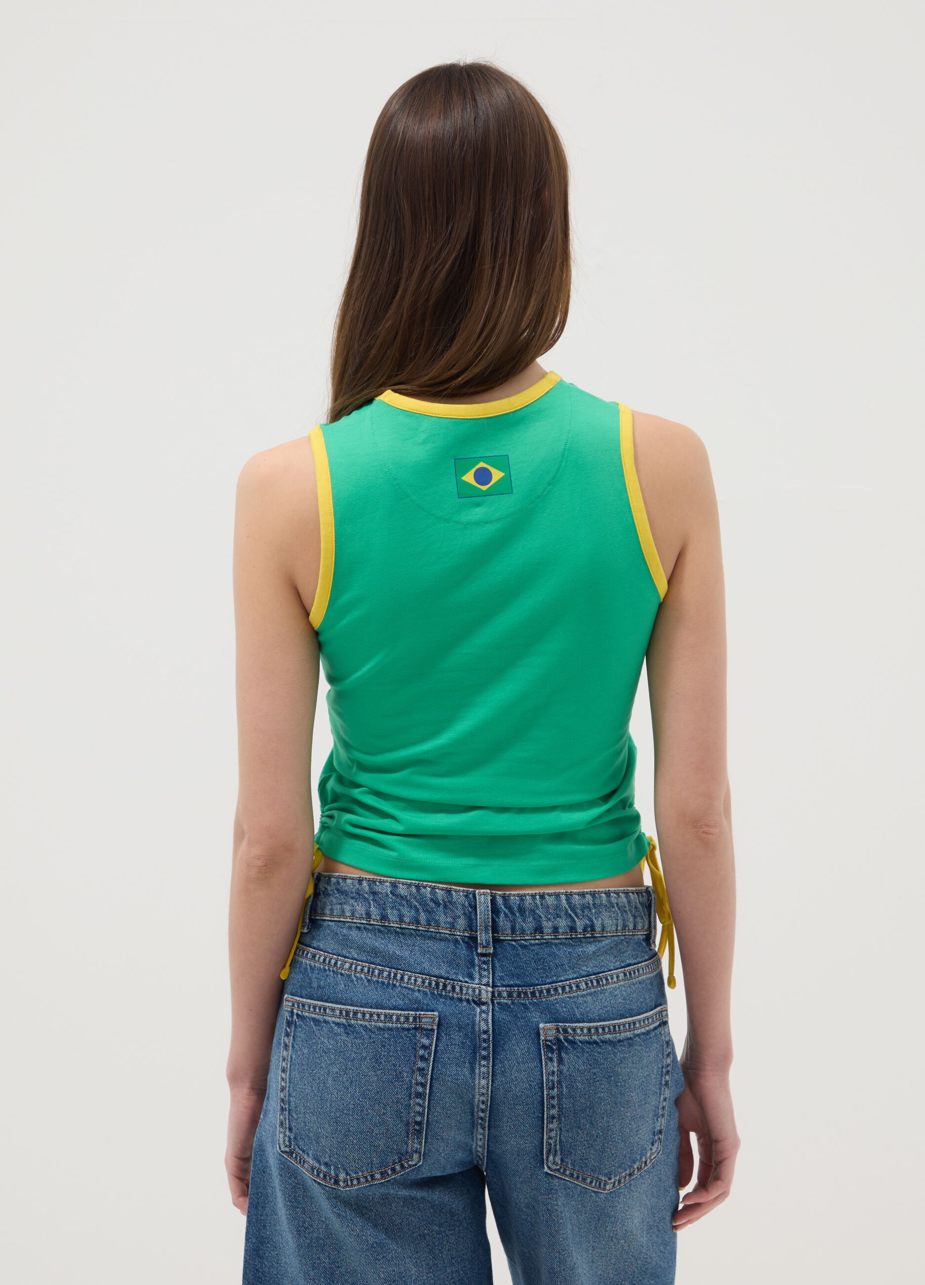 Green stretch cotton tank top with 'Brasil' slogan, regular fit