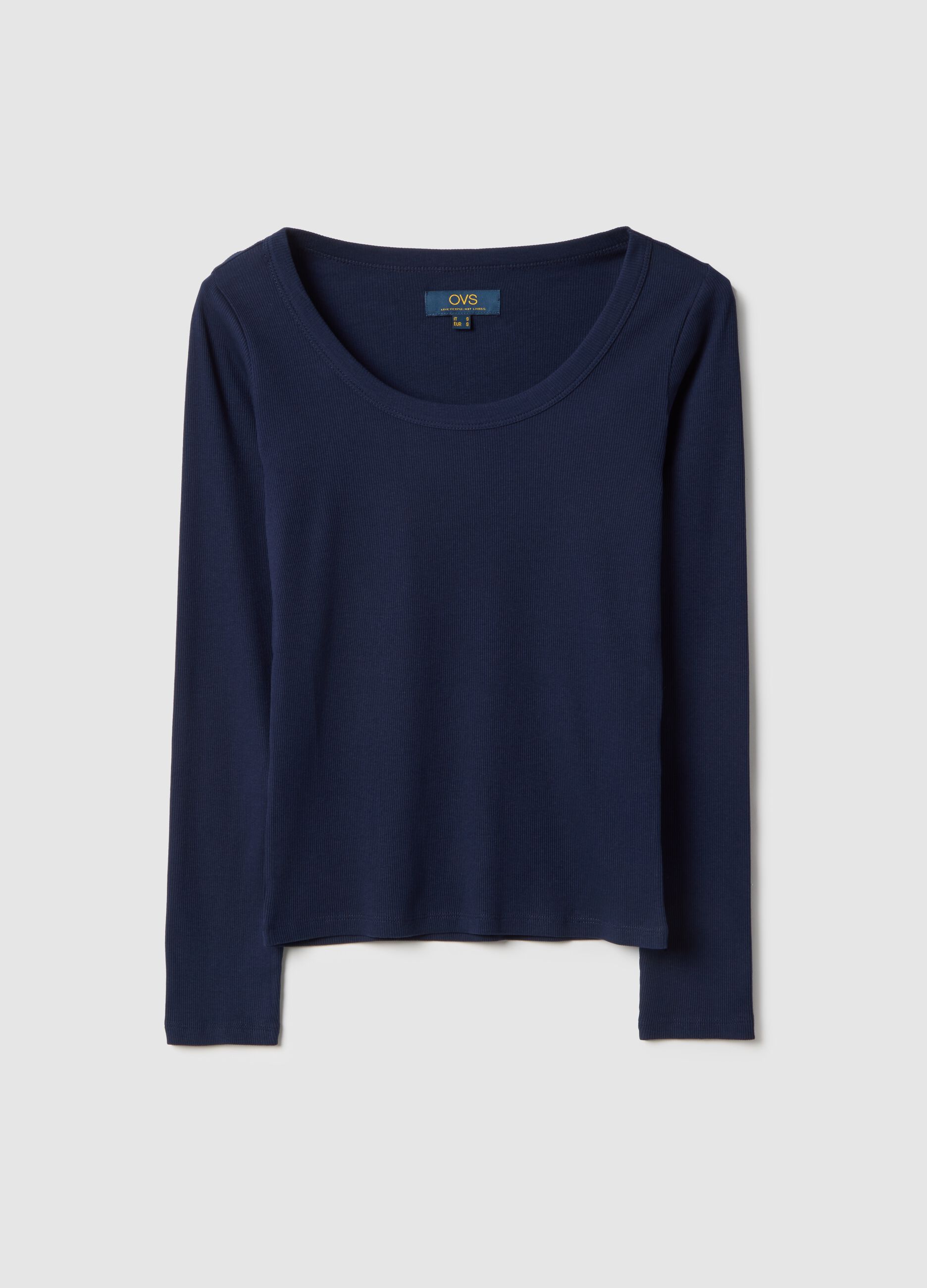 T-shirt azul de manga comprida em algod&atilde;o puro corte regular