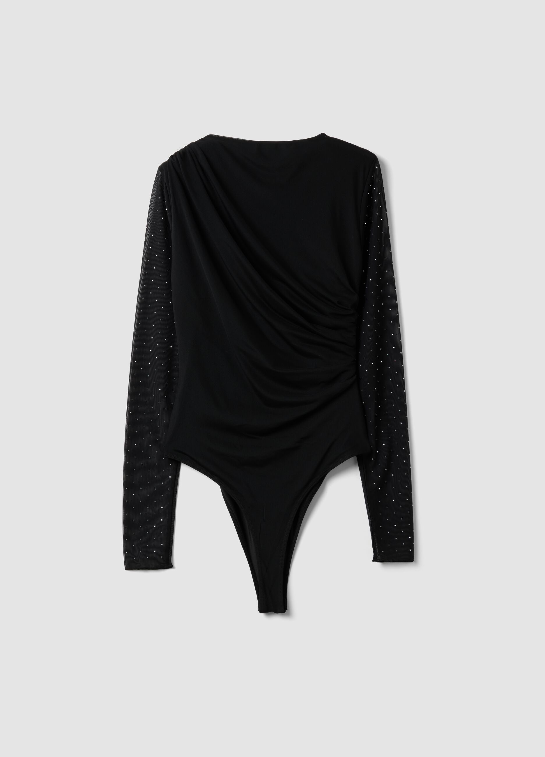Black fitted stretch bodysuit with rhinestones