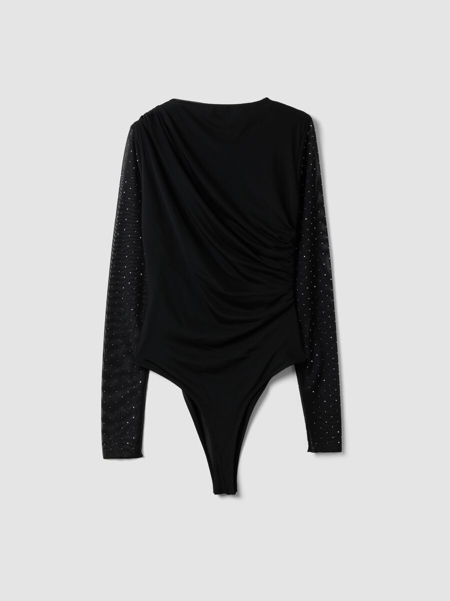 Black fitted stretch bodysuit with rhinestones_6