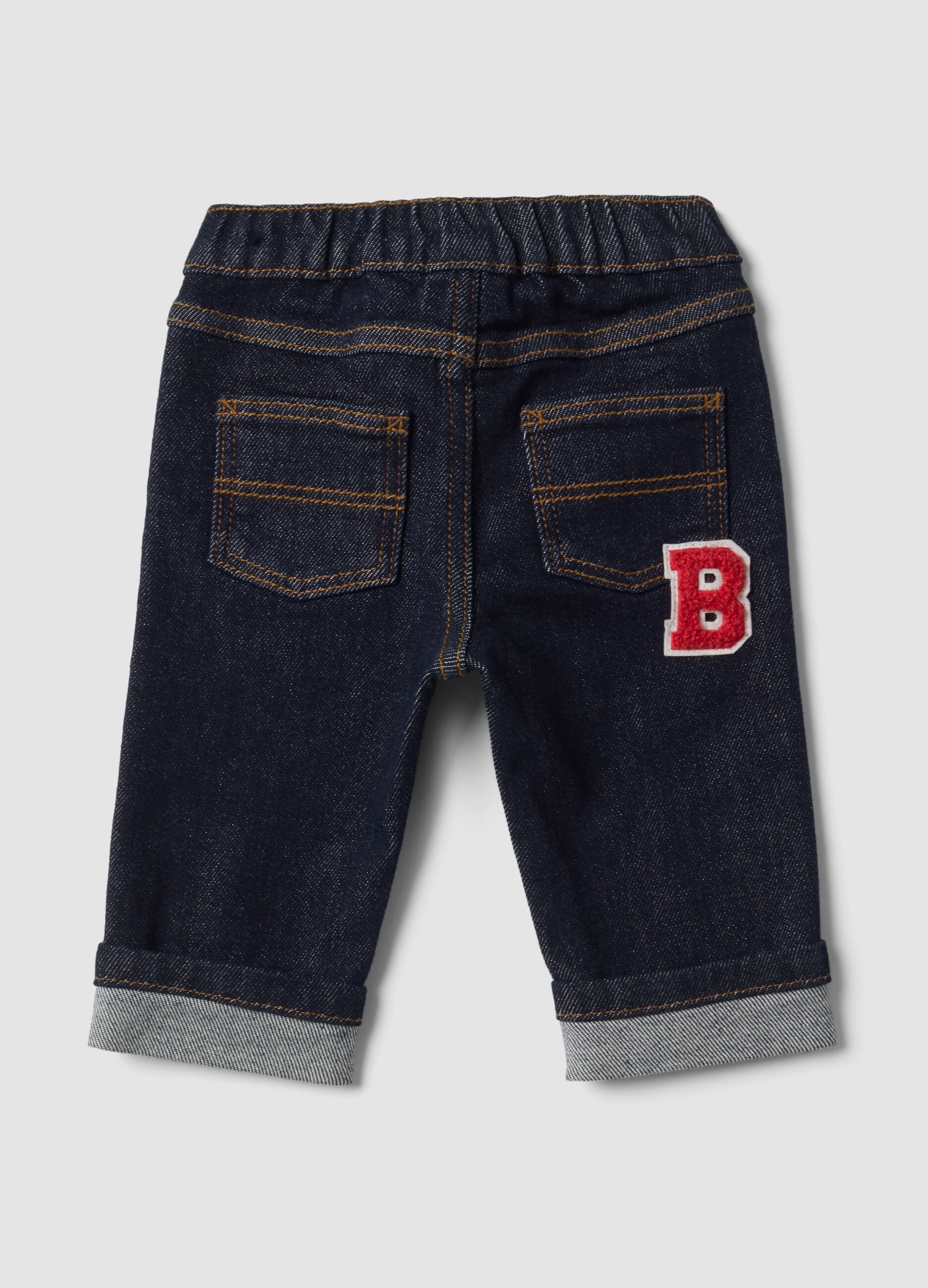 Blue stretch-cotton denim trousers with teddy bear embroidery for baby