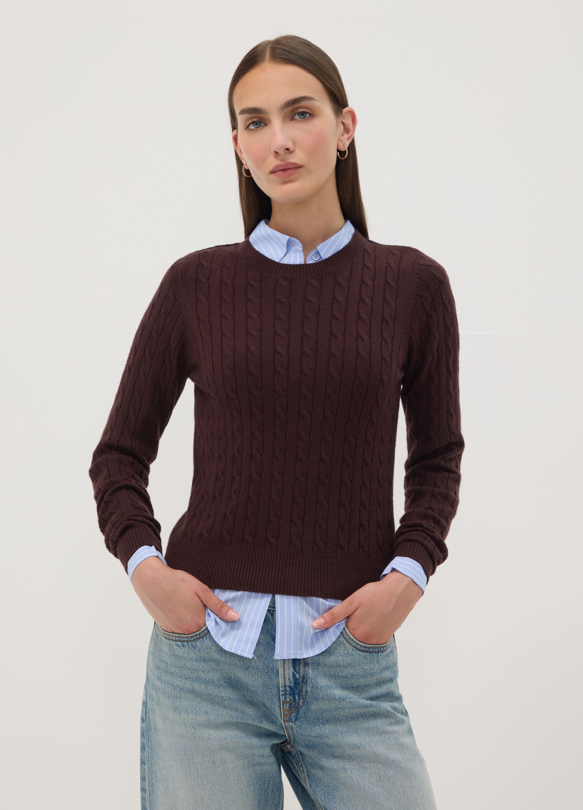 Brown cable-knit crew-neck jumper, regular fit