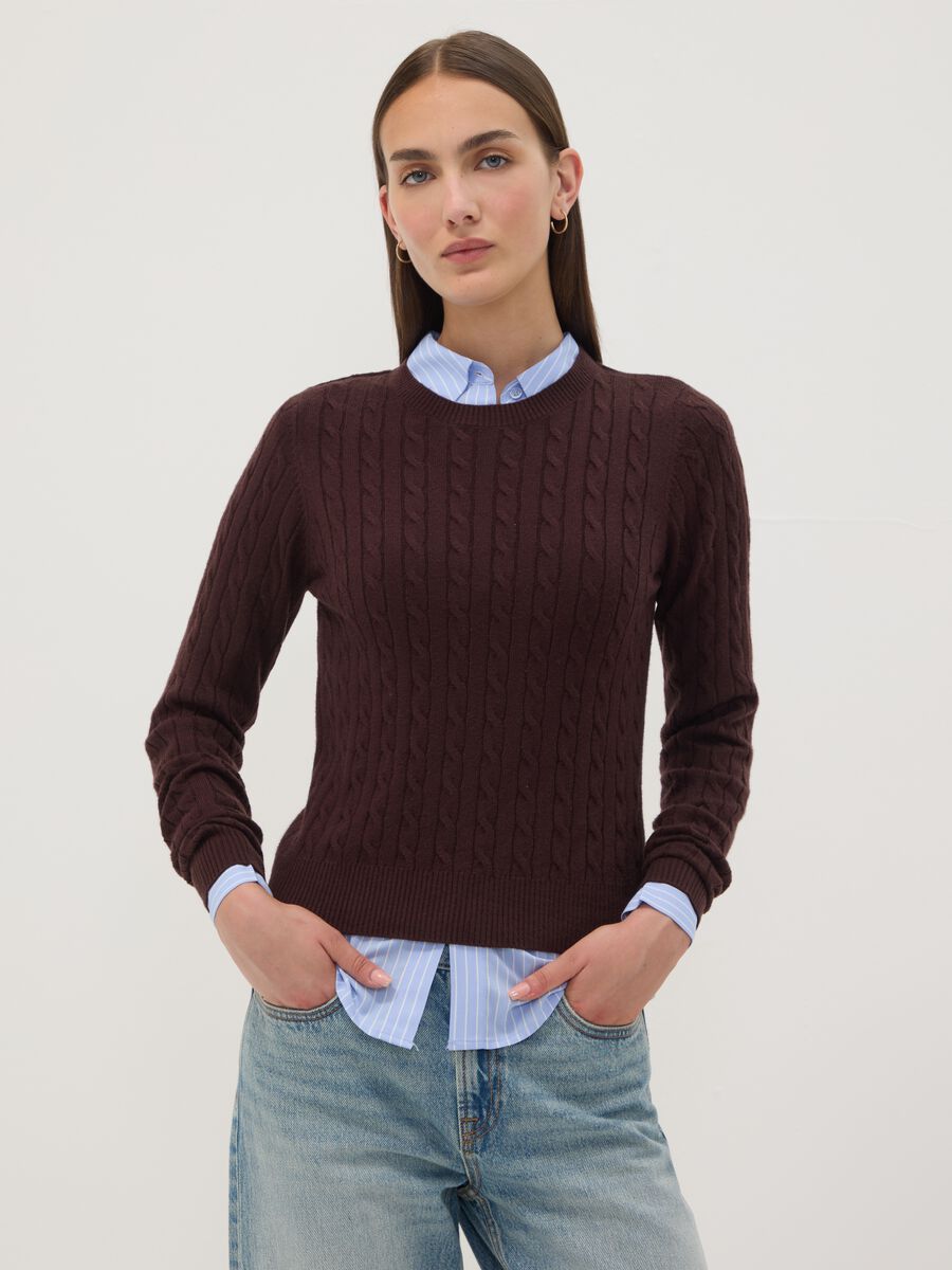 Brown cable-knit crew-neck jumper, regular fit_1