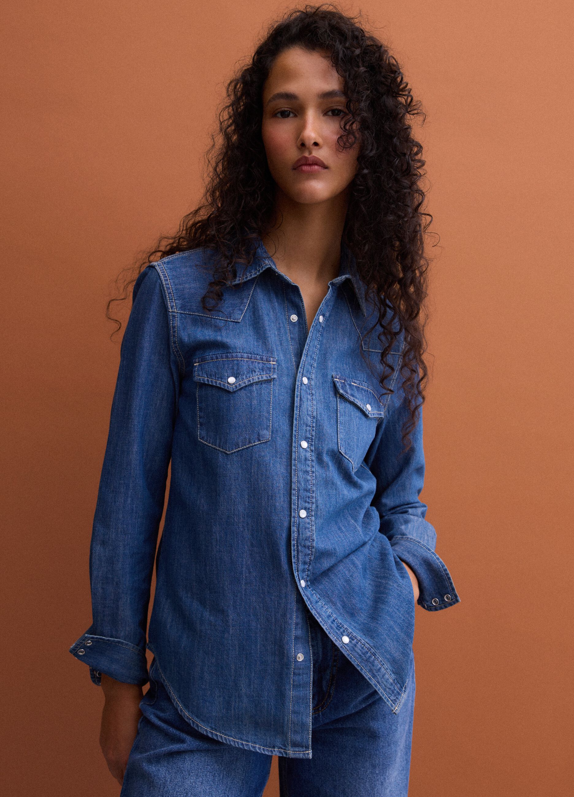 Blue pure cotton denim shirt, regular fit