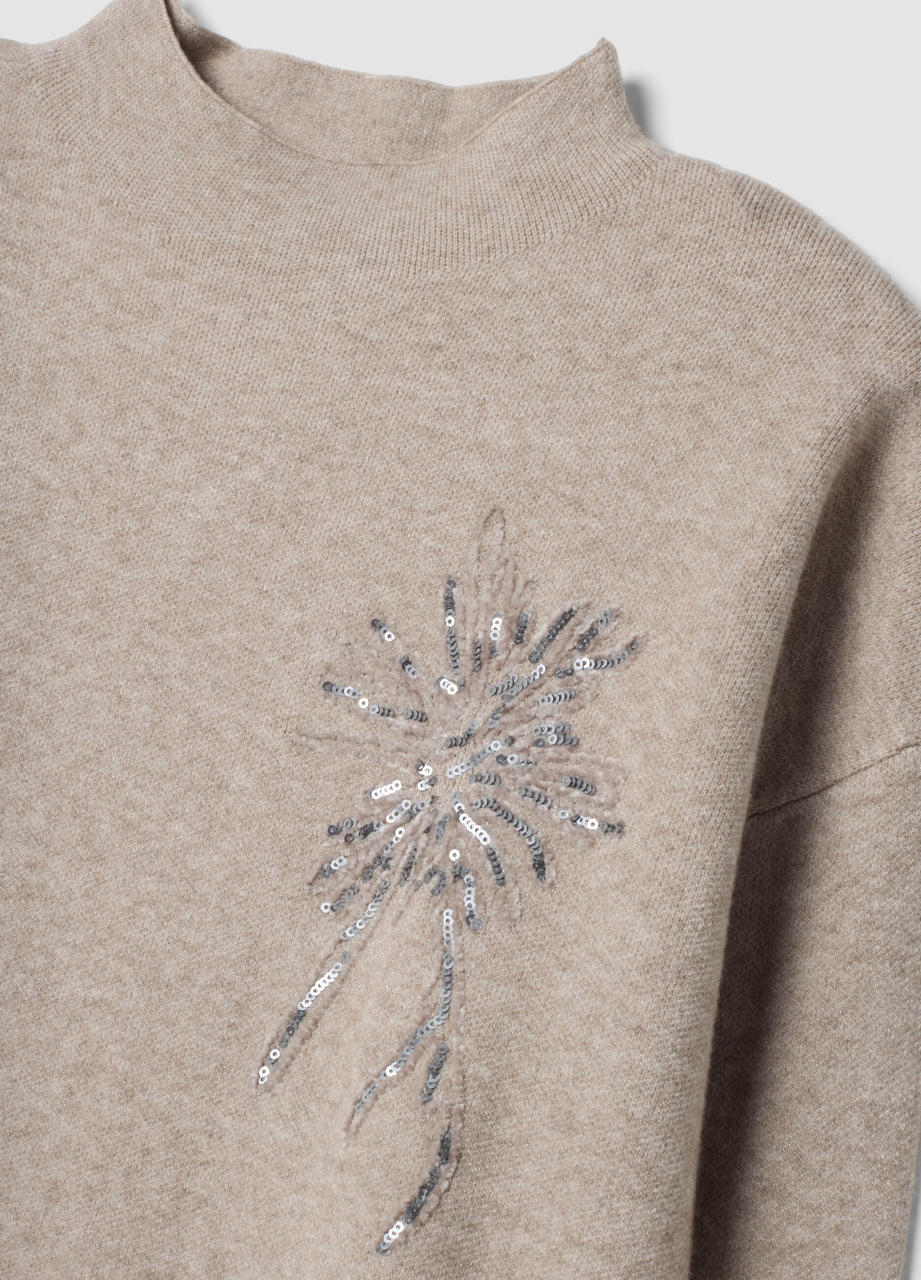 Camel viscose-blend jumper with sequin embroidery, regular fit