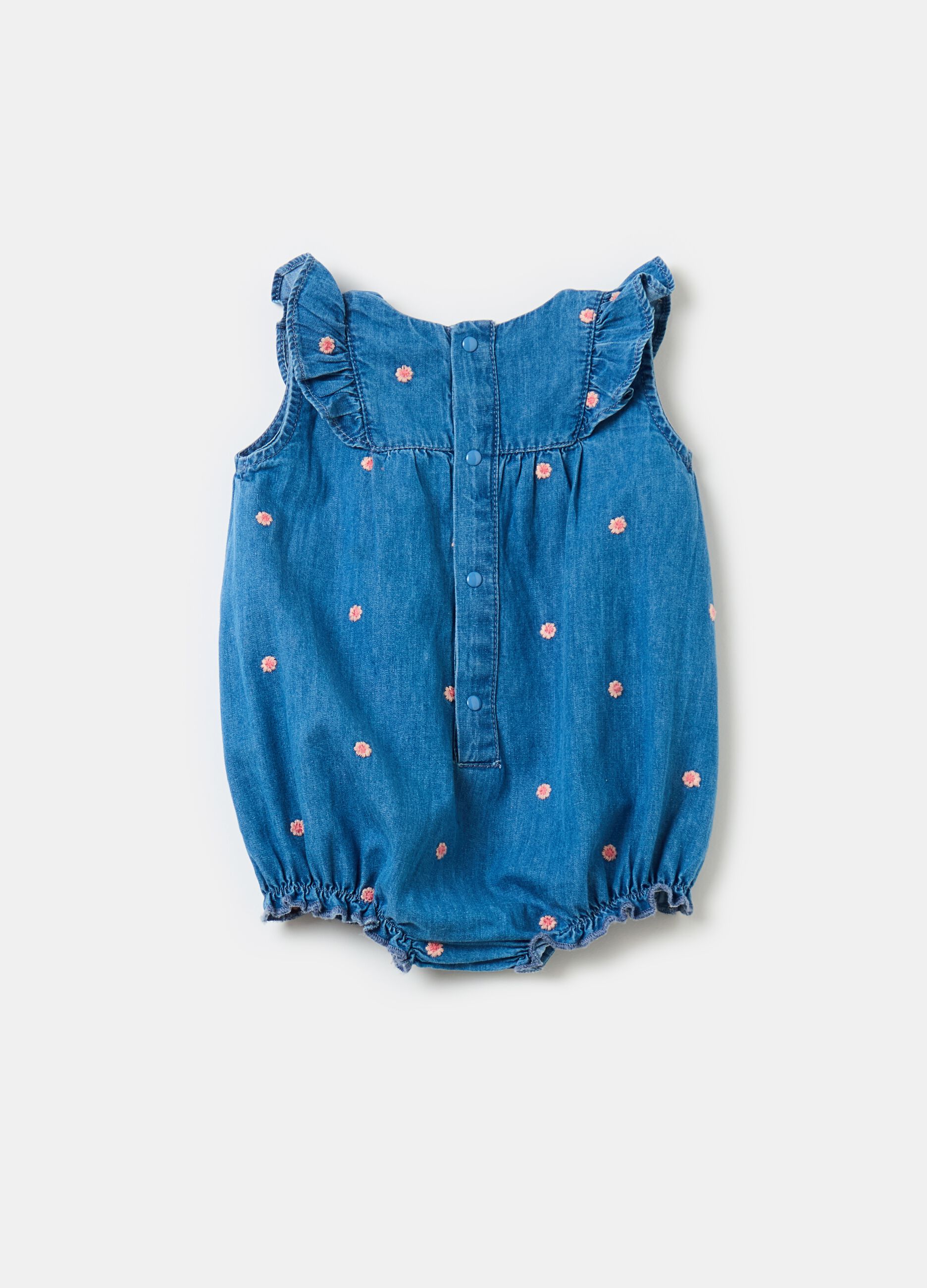 Denim romper suit with small flowers embroidery