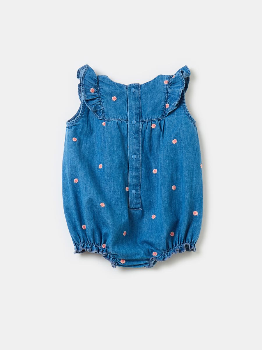 Denim romper suit with small flowers embroidery_1