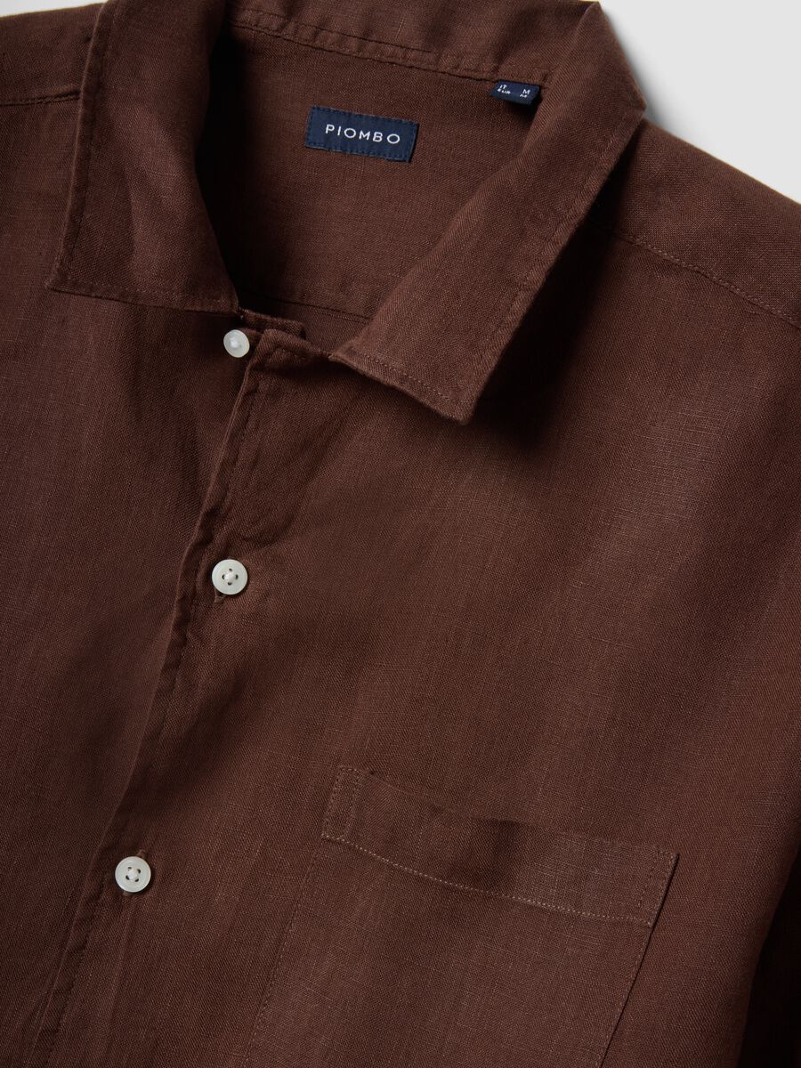 Brown short sleeve pure linen regular fit shirt_6