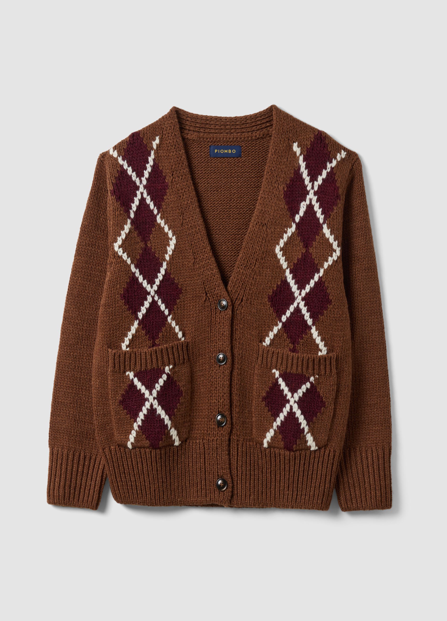 Cardigan marrone in misto lana con girocollo argyle over fit