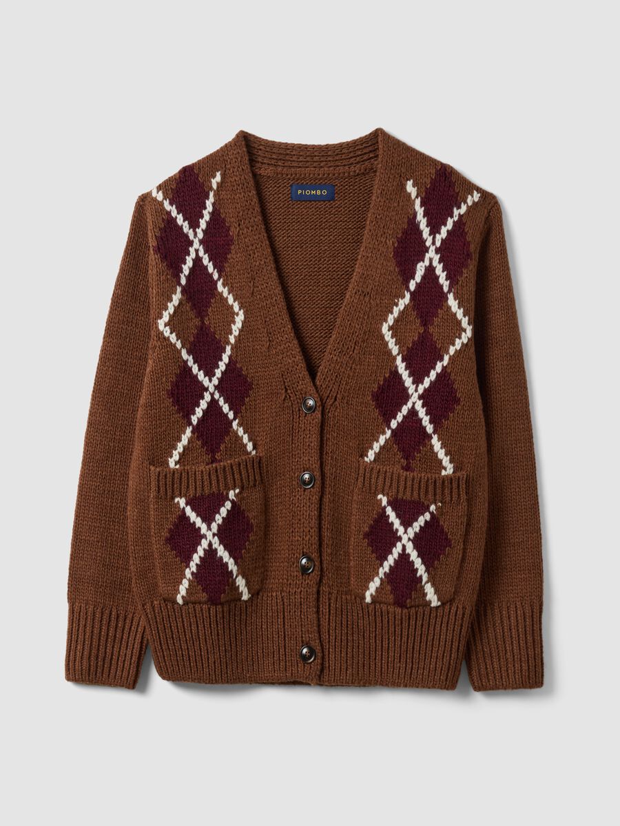 Cardigan marrone in misto lana con girocollo argyle over fit_0