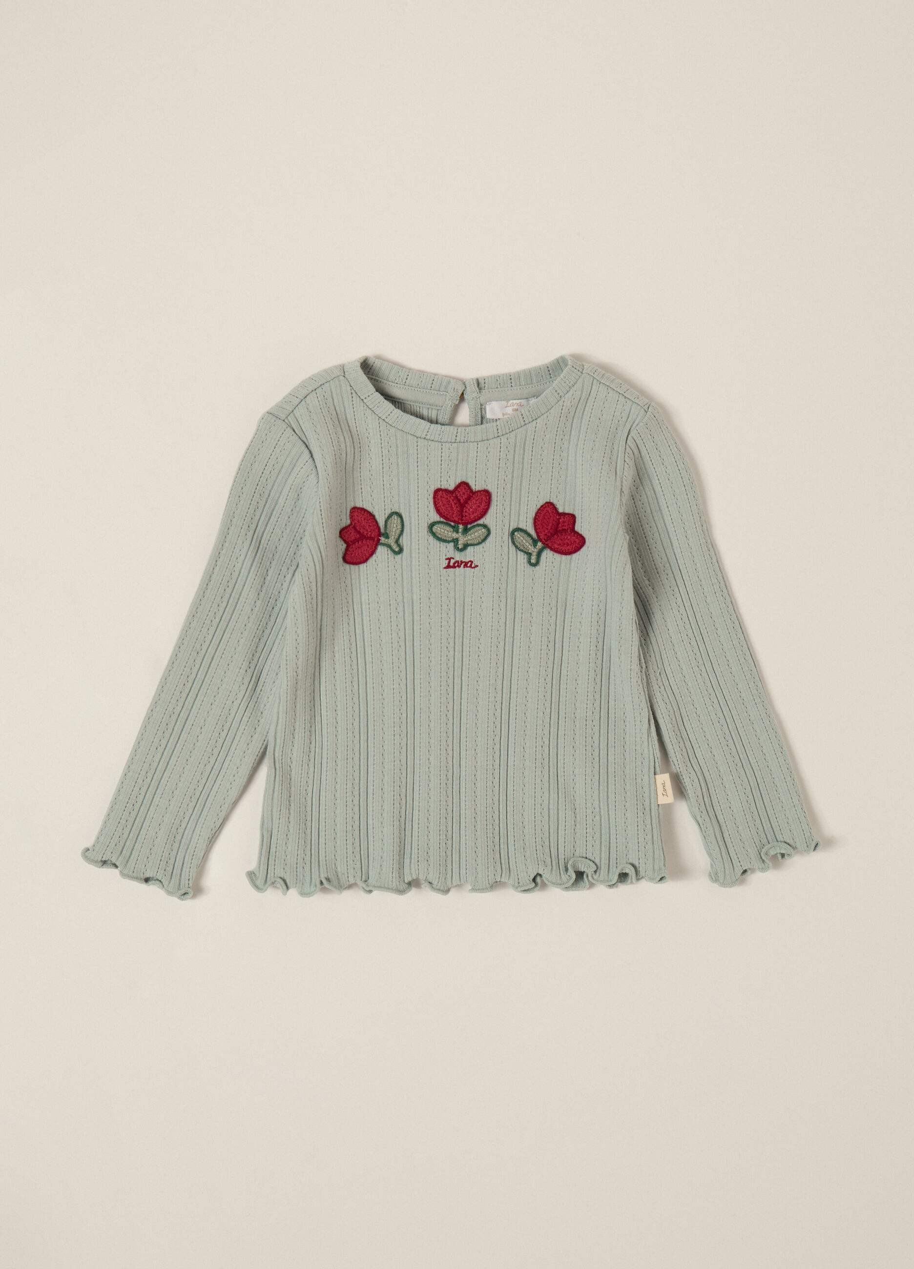 Green Long-Sleeve T-Shirt with Embroidered Flowers