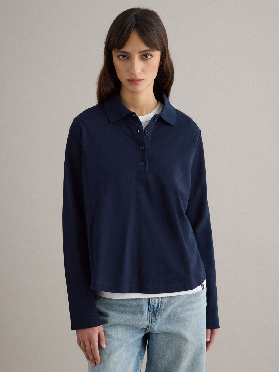 Long-sleeve blue polo shirt in pure cotton regular fit_1