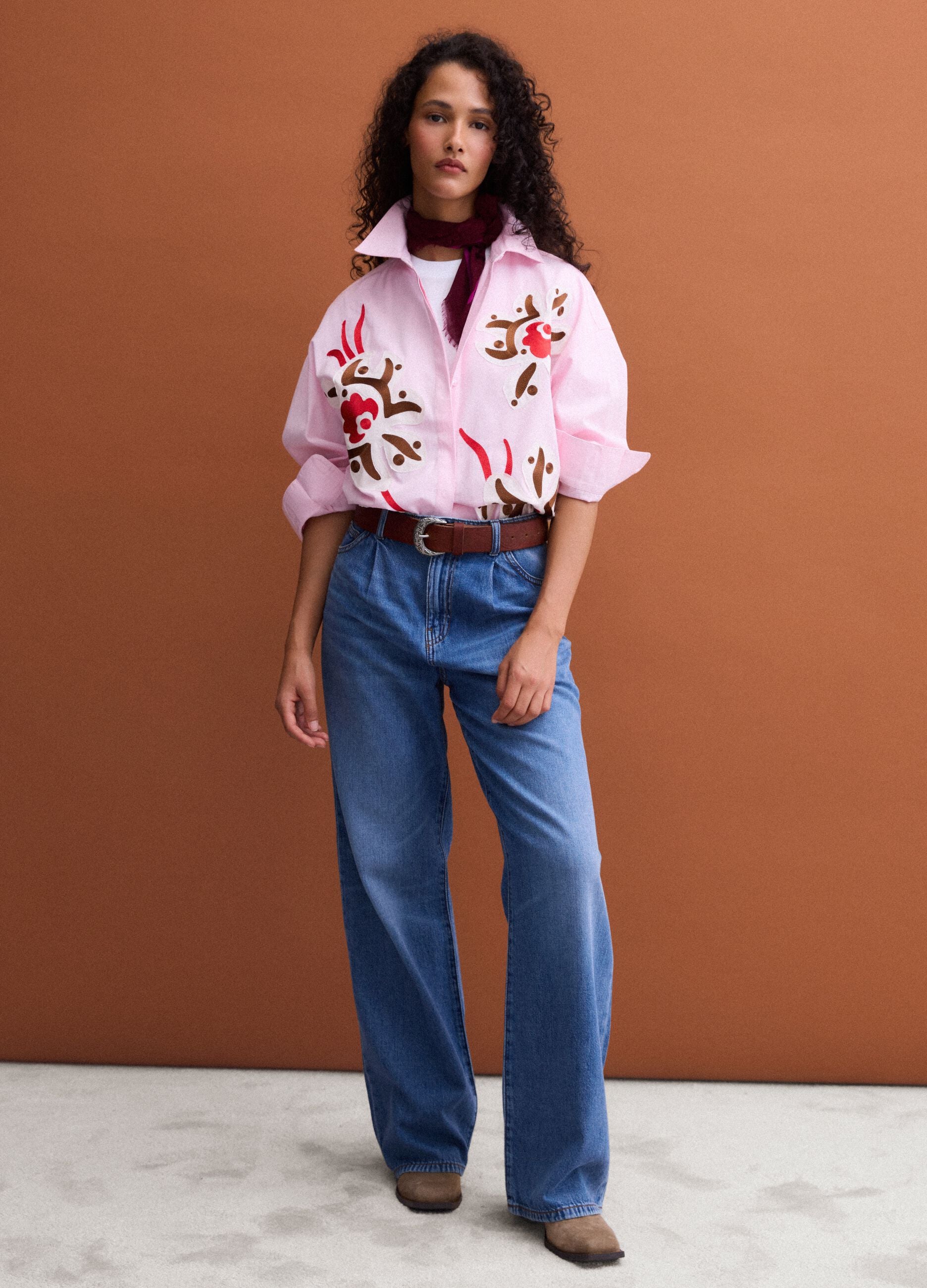 Rosa Hemd aus Popeline aus reiner Baumwolle mit Floral-Print, Regular Fit