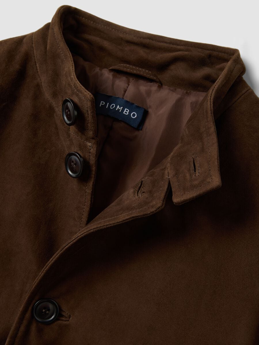 Brown padded genuine leather shacket with high collar, regular fit_5
