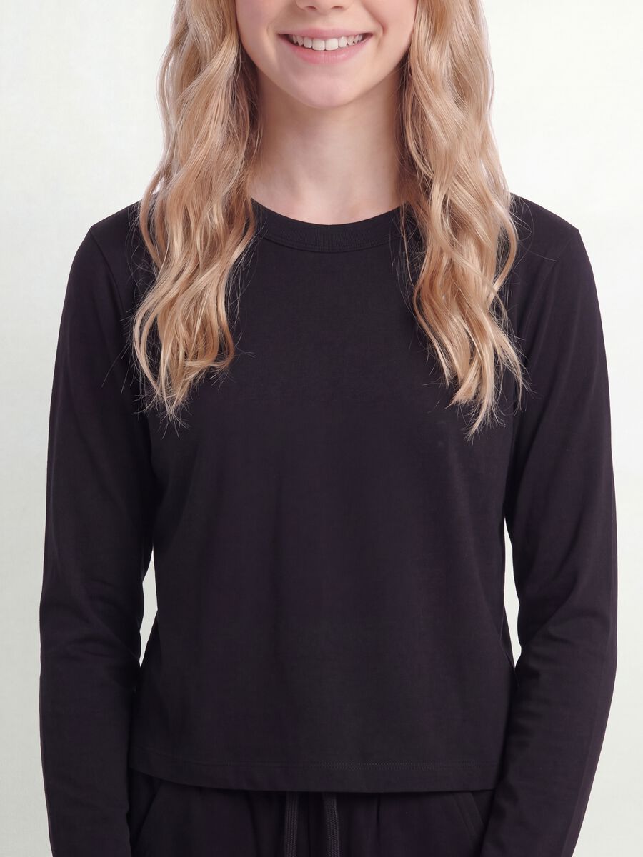 Black pure cotton T-shirt with ribbed neckline for girls_3