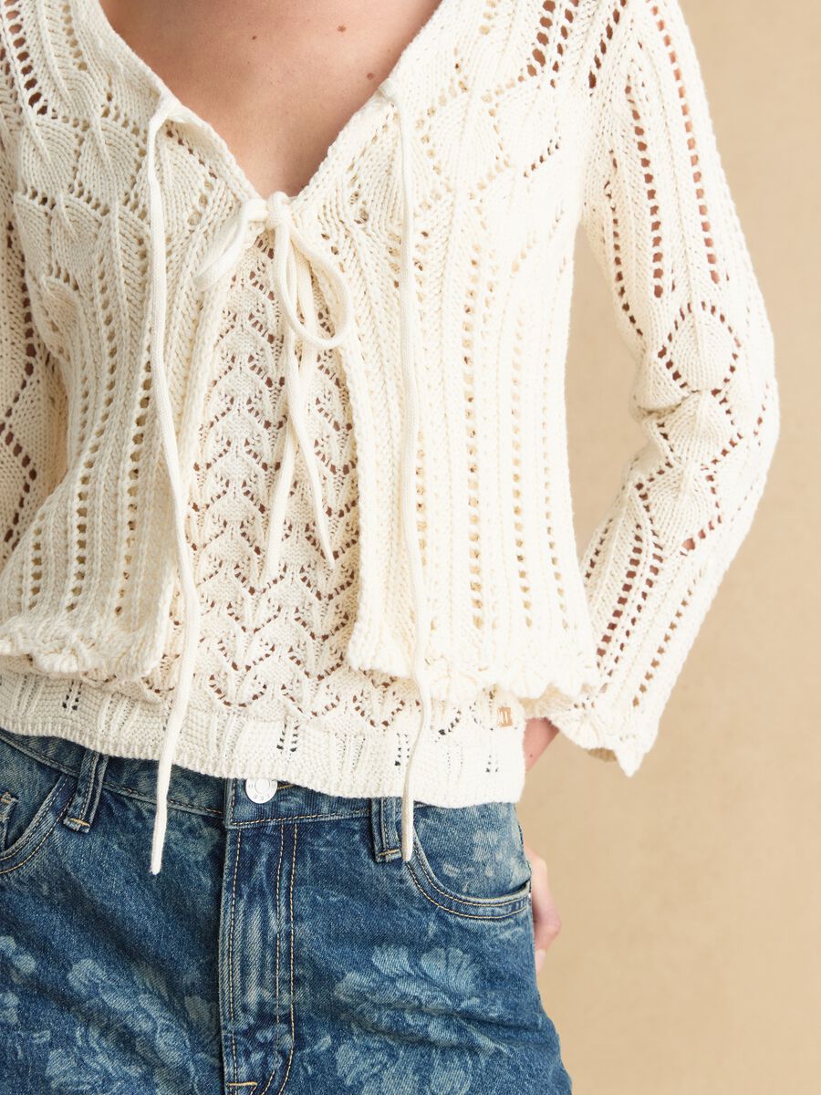 White Cotton Lace Cardigan Regular Fit Deep V_3