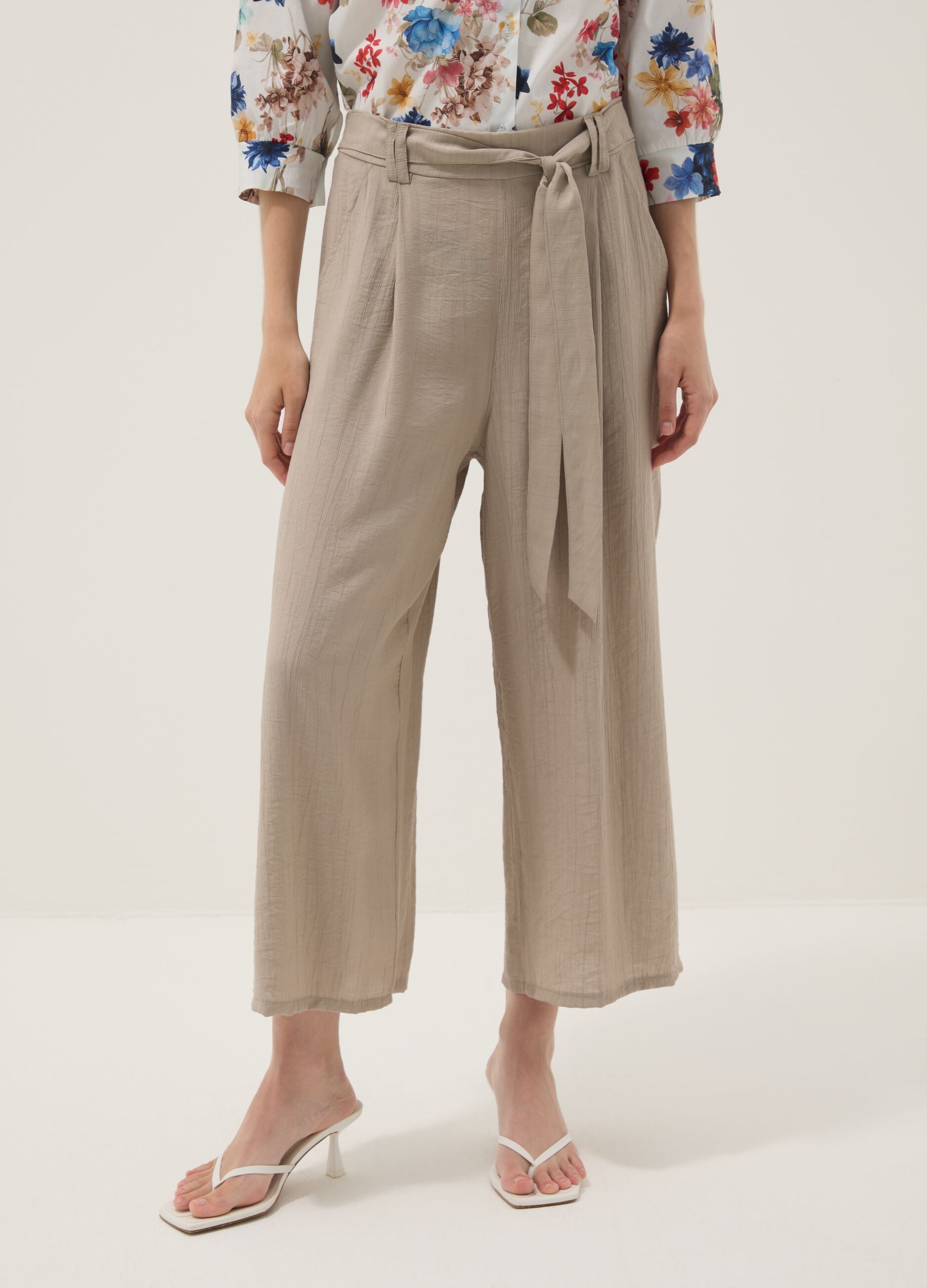 Beige viscose-blend trousers with belt