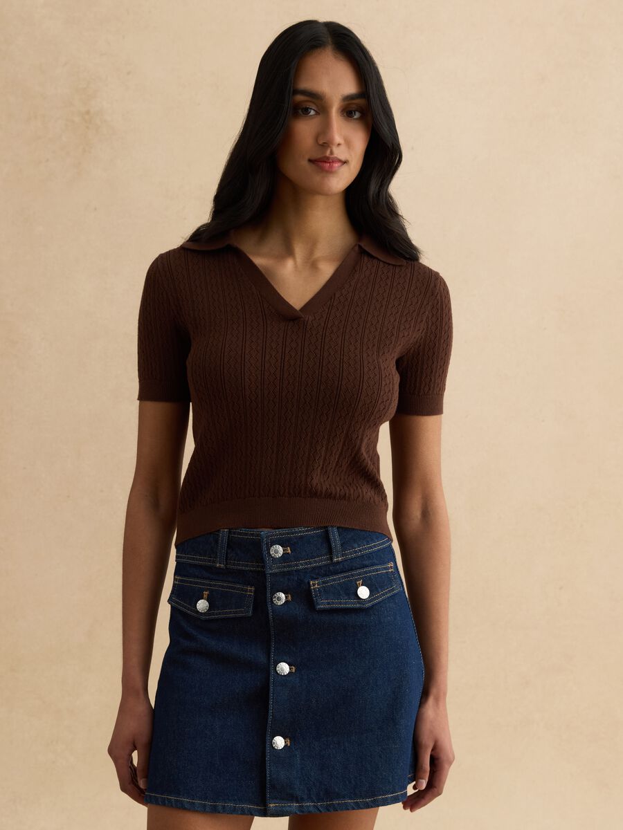 Brown cotton blend regular fit sweater with polo collar_1