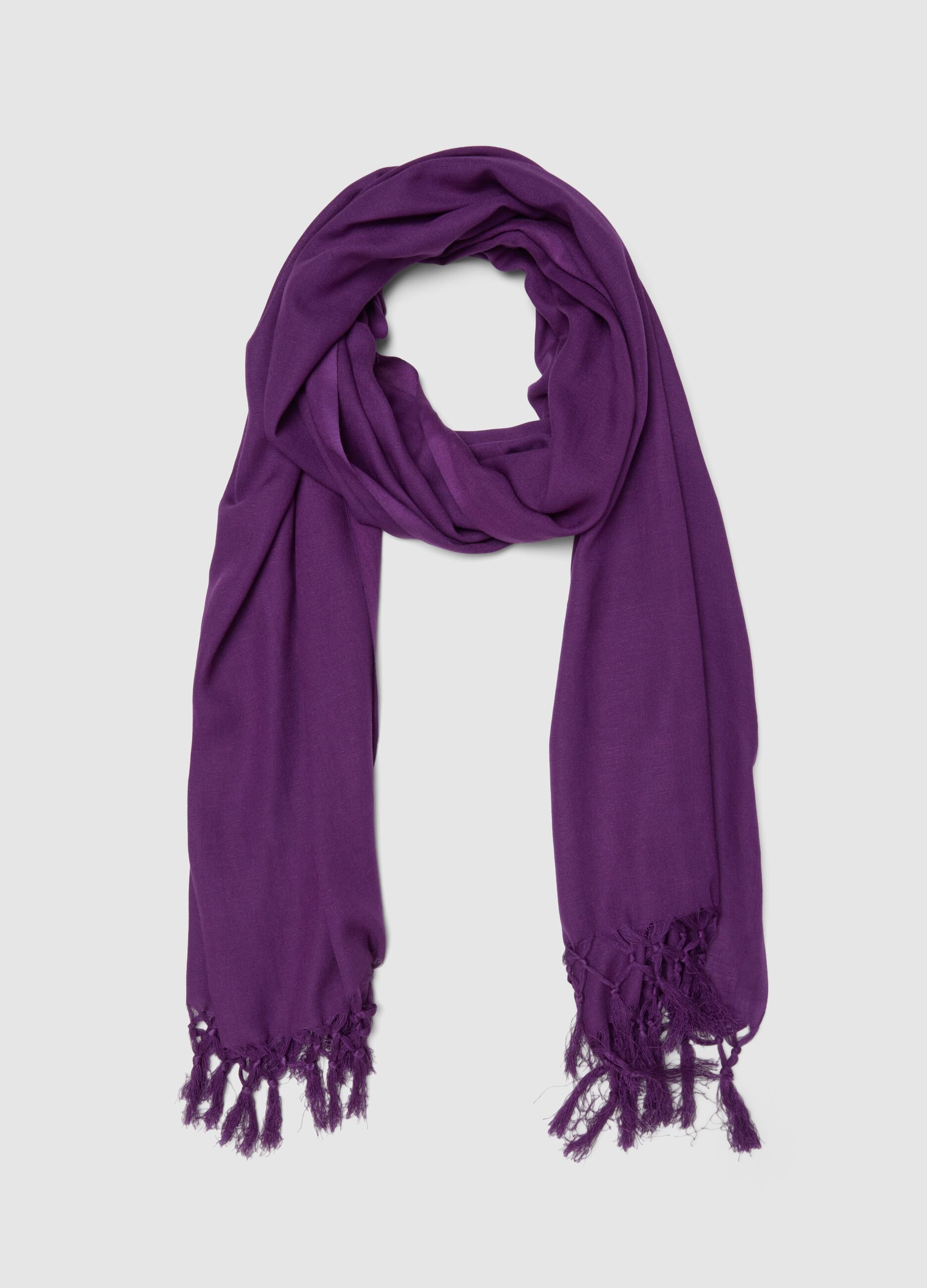 Purple viscose and linen blend scarf with fringes
