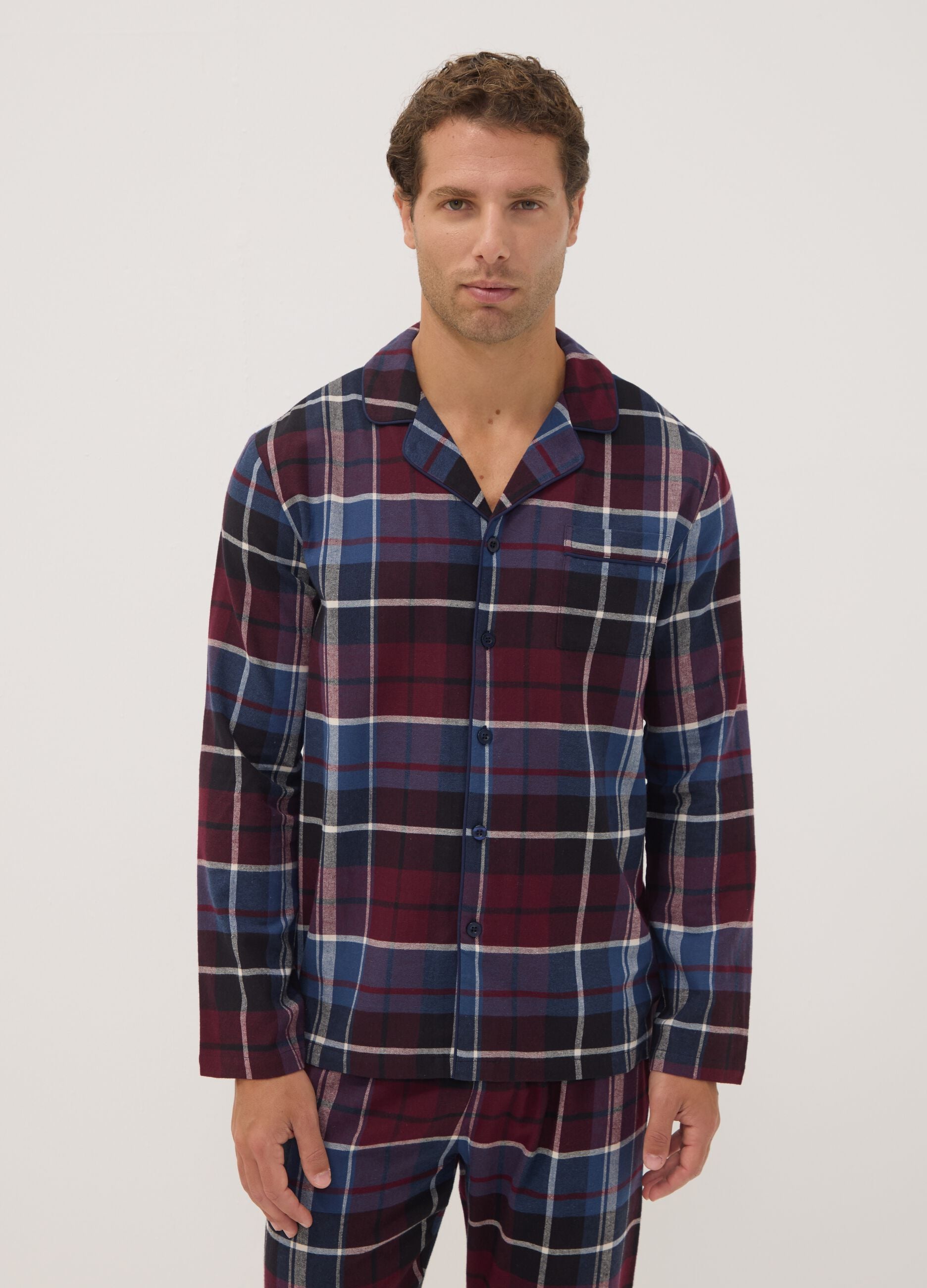 Pigiama rosso e blu in flanella di puro cotone organico regular fit