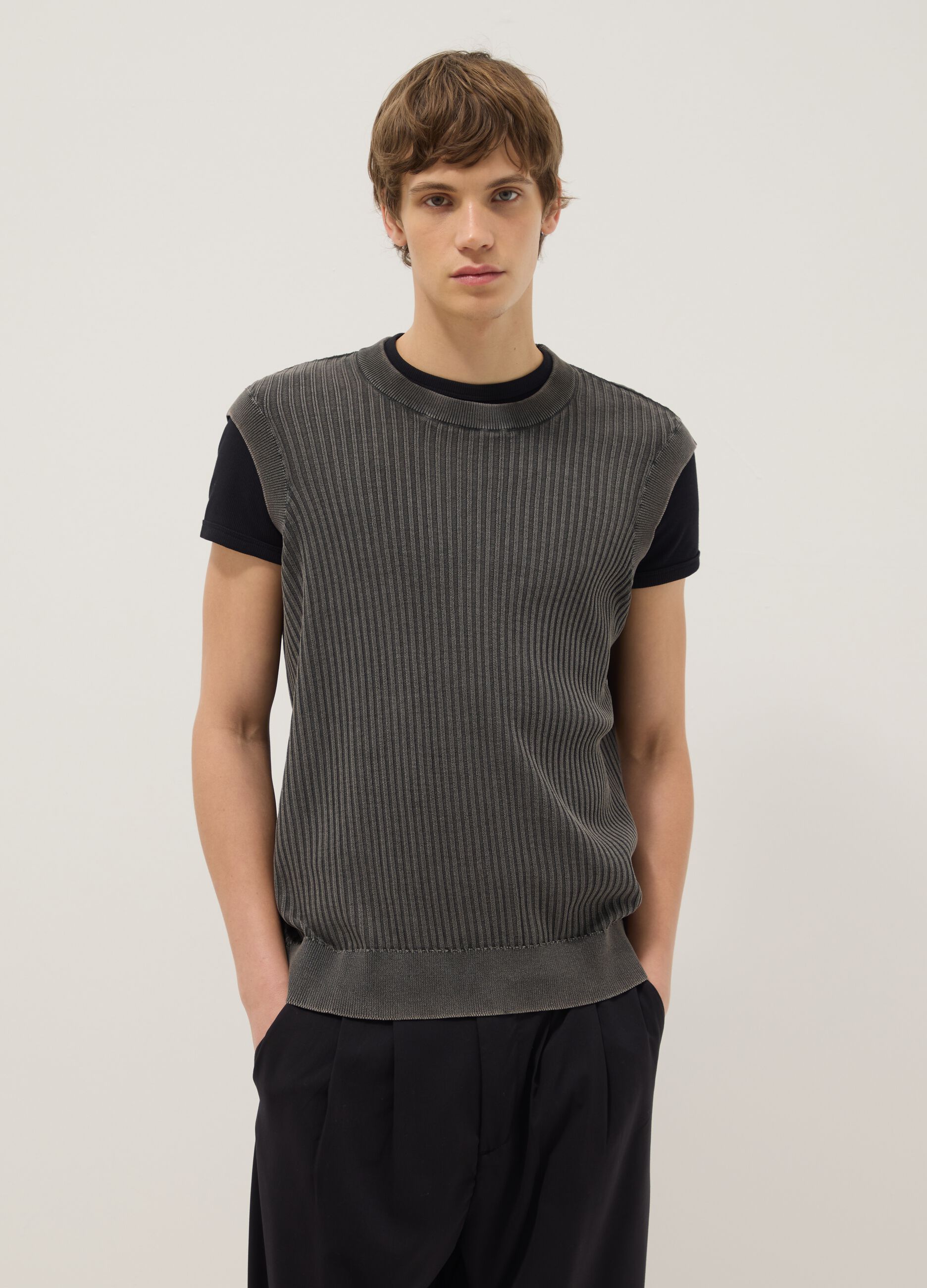 Oversize fit grey ribbed pure cotton vest