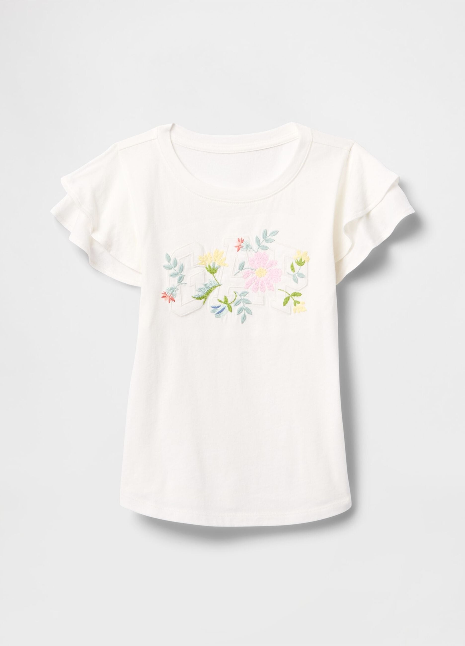 White short sleeve t-shirt with frills and floral print