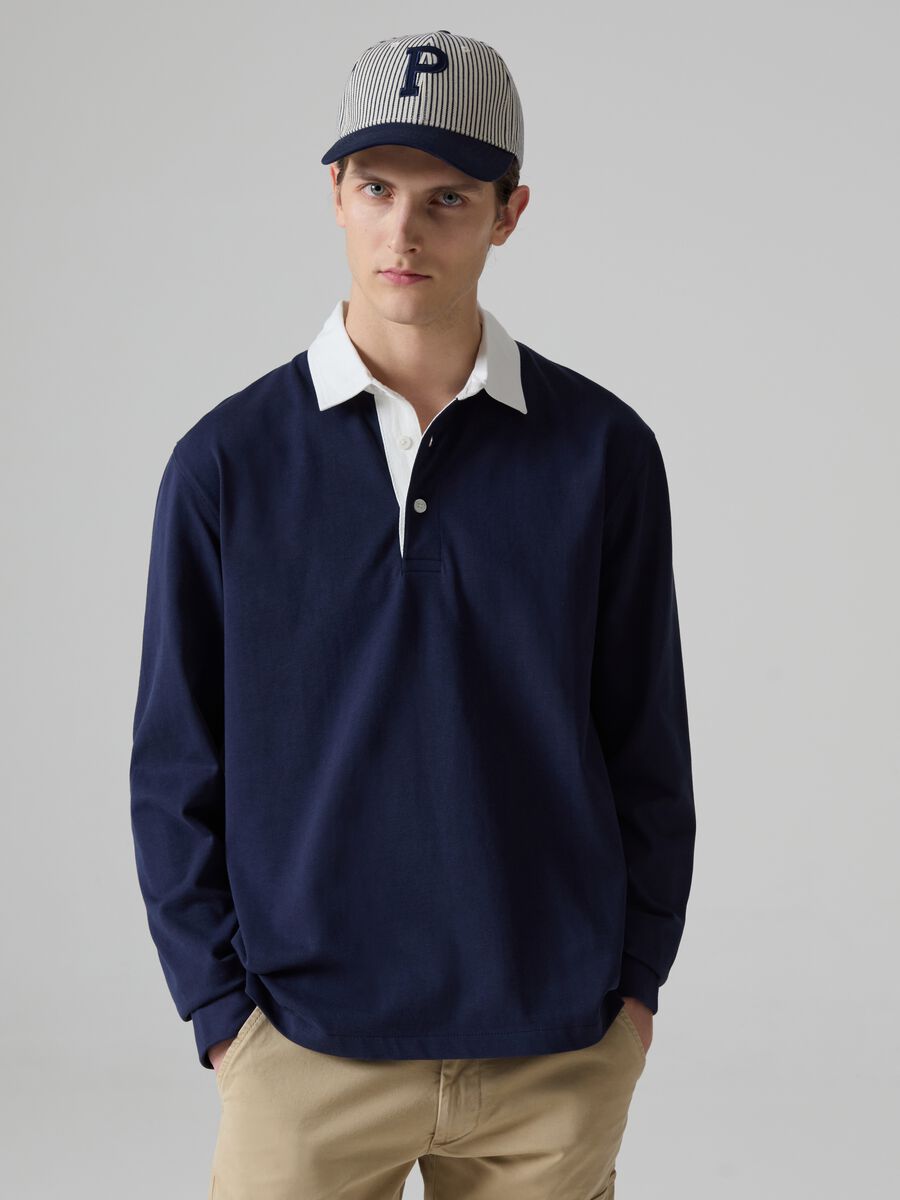 Long-sleeved polo shirt with contrasting collar_0
