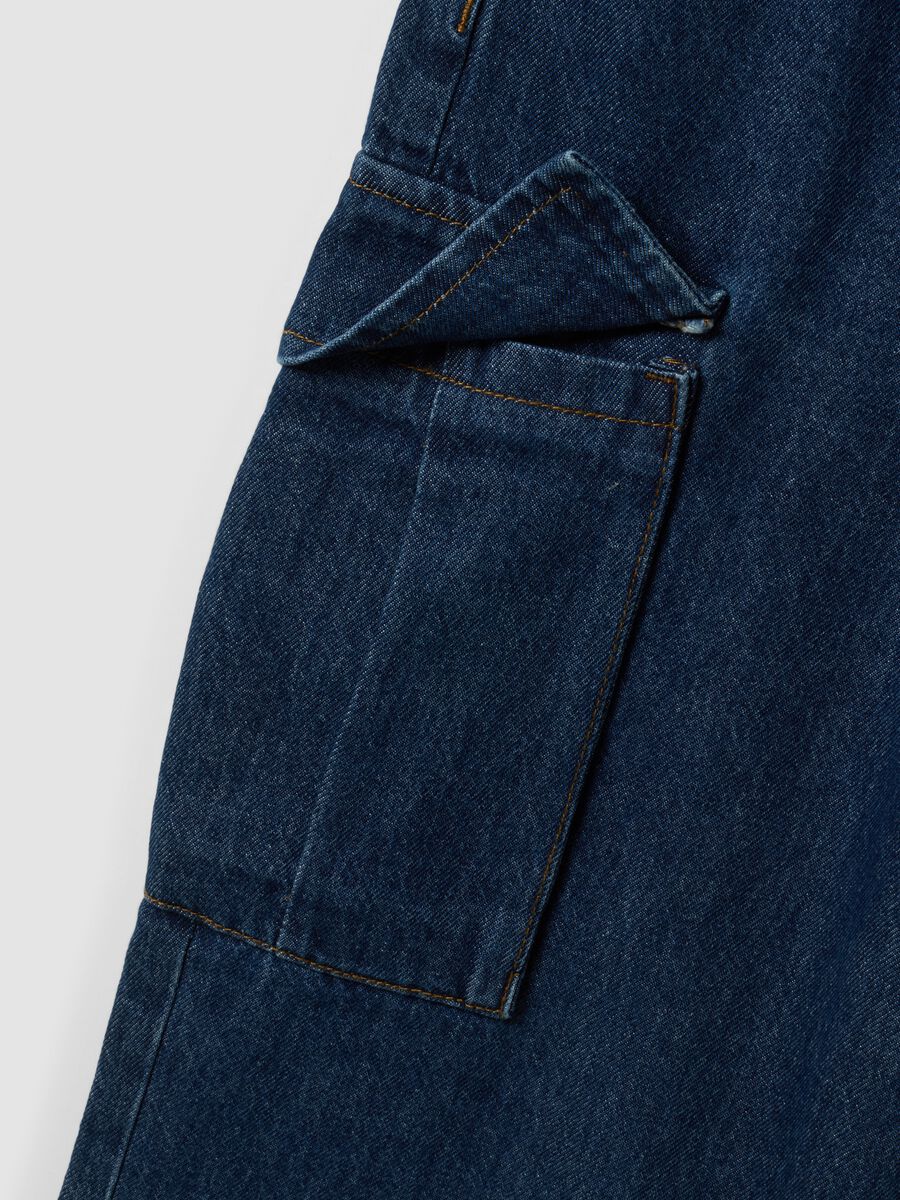 Dark blue pure cotton wide-leg cargo jeans_5