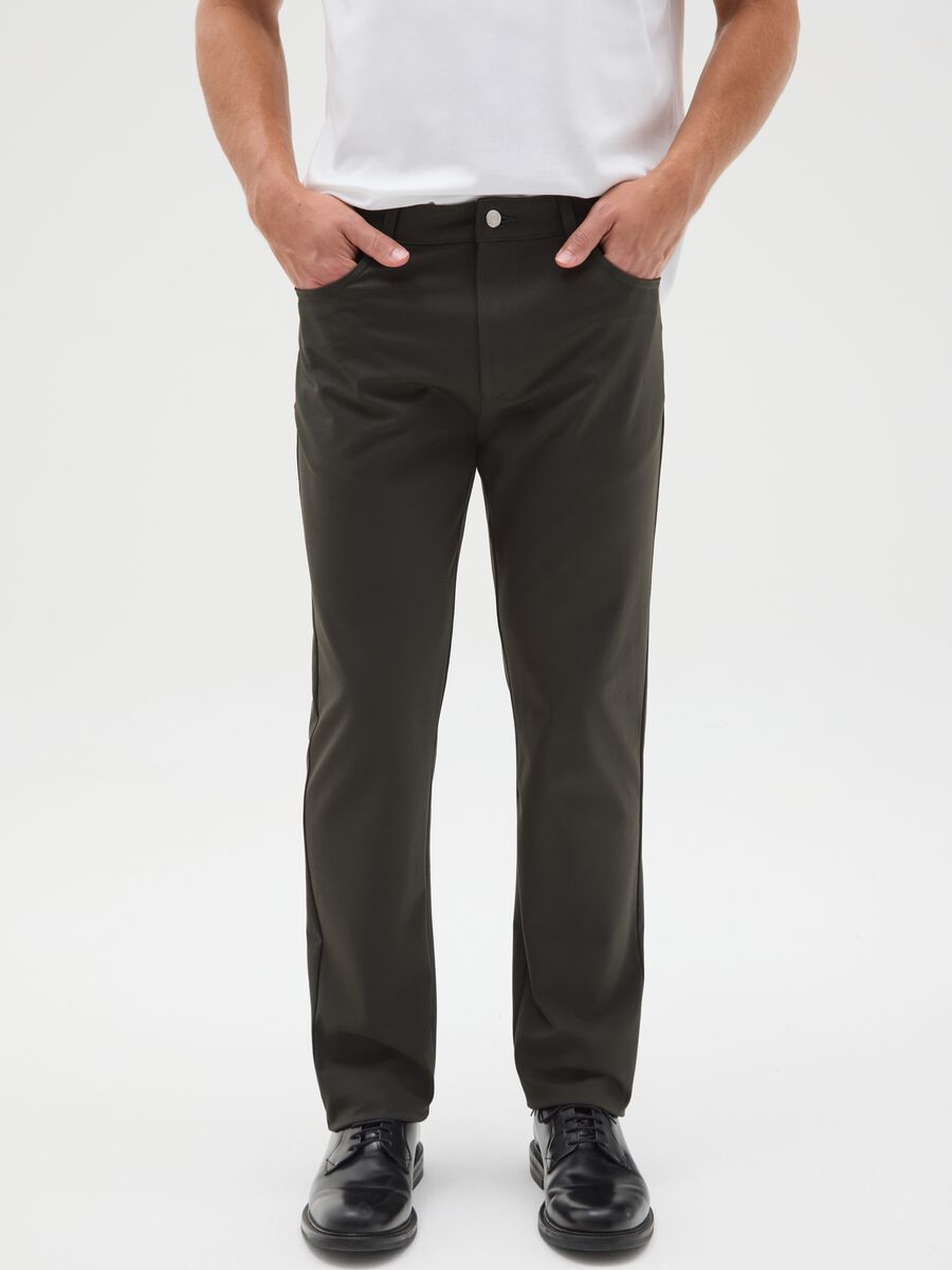 Green Cotton Blend Slim Fit Trousers_1