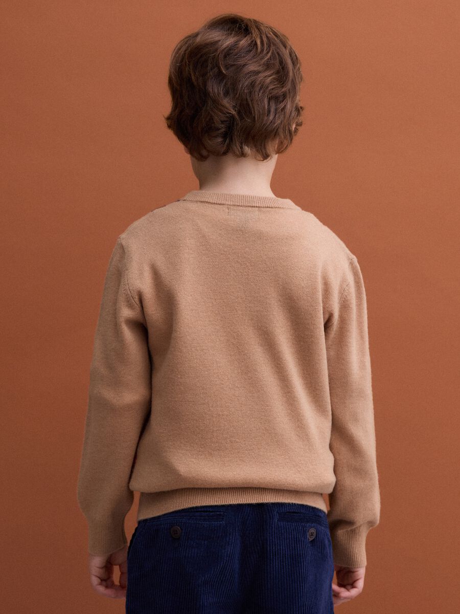 Beige pure wool jumper with jacquard crew neck_2