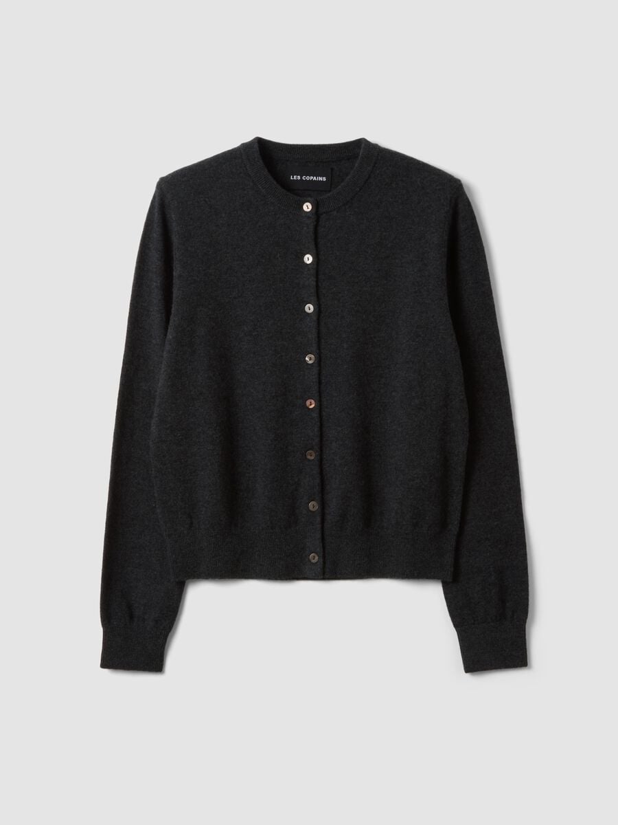 Grey pure wool crew-neck cardigan with buttons, regular fit_0