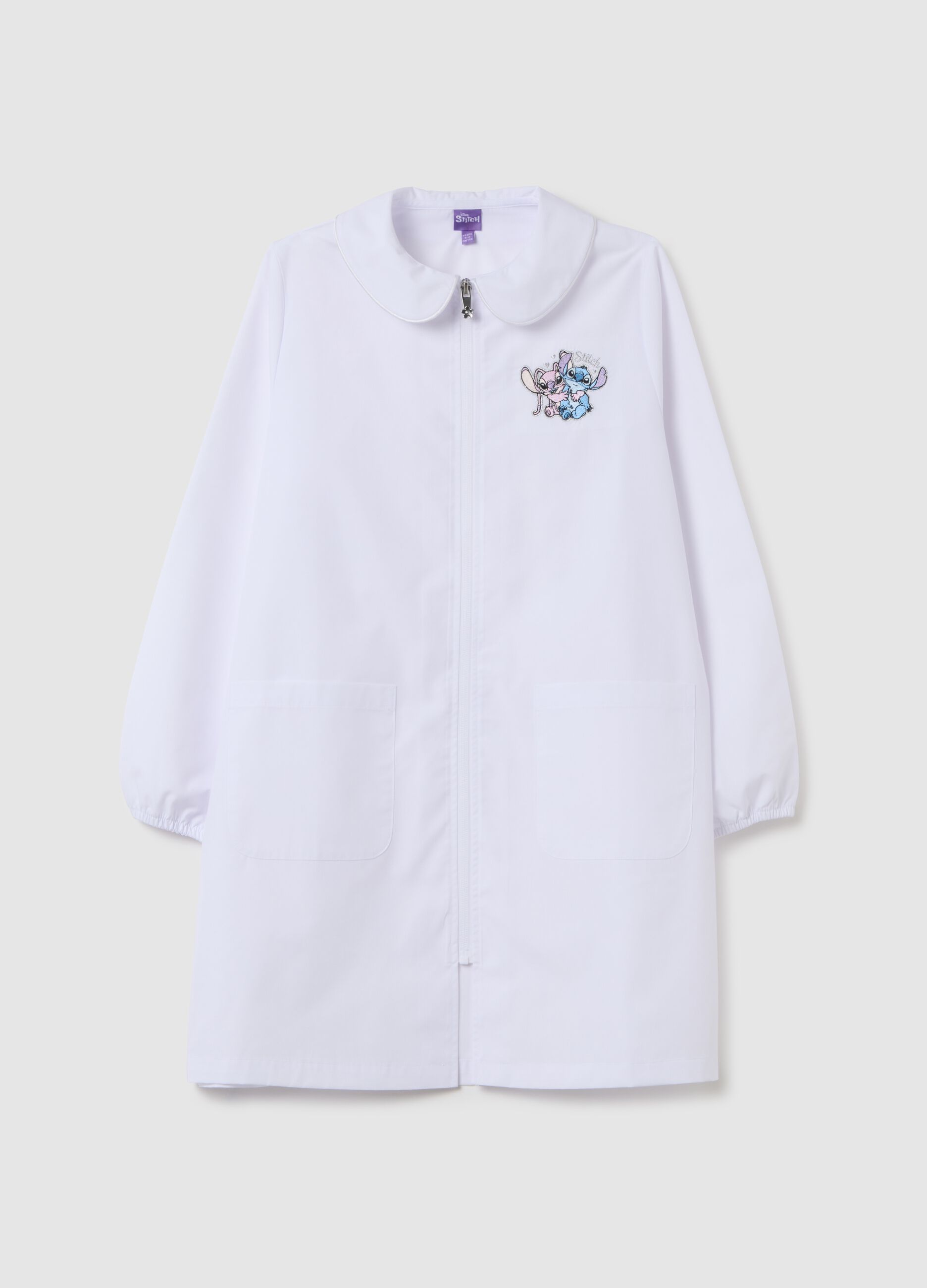Girls' school smock in white cotton blend with Stitch embroidery
