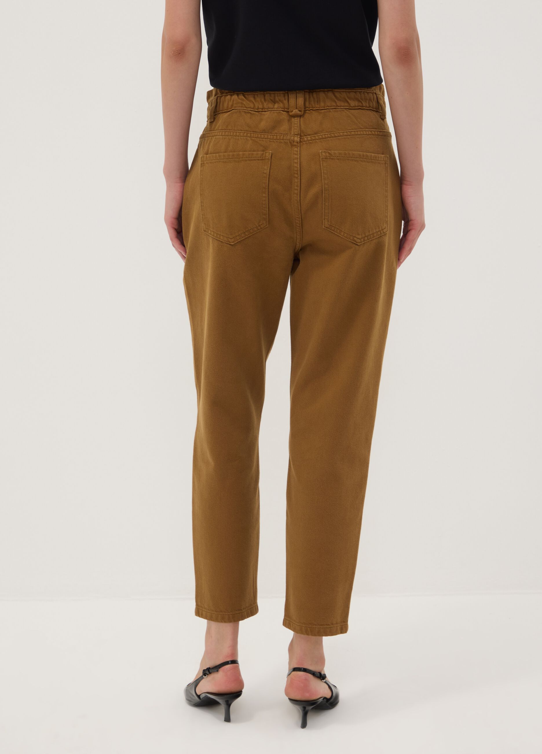 Bronze brown baggy-fit pure cotton denim jeans with paper-bag waist