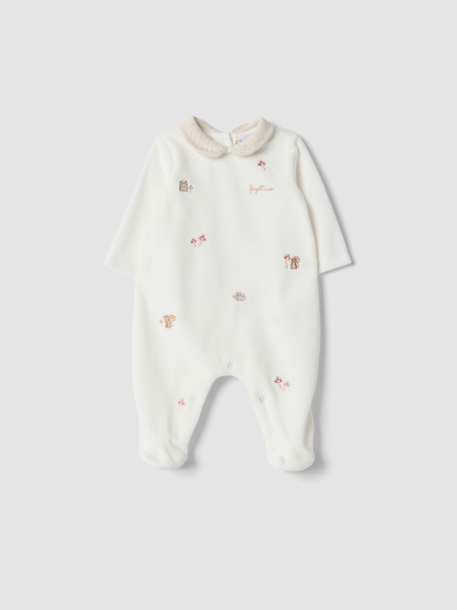 White organic cotton-blend baby sleepsuit with collar and animal embroidery_0