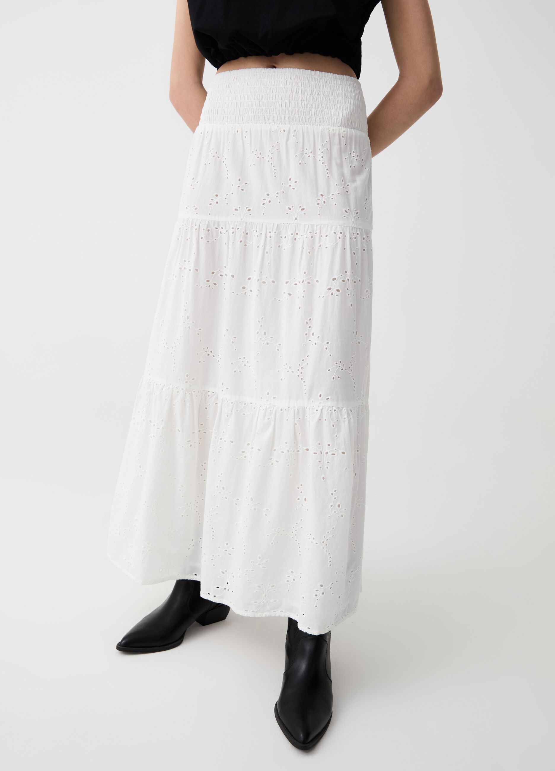 Long tiered skirt in broderie anglaise