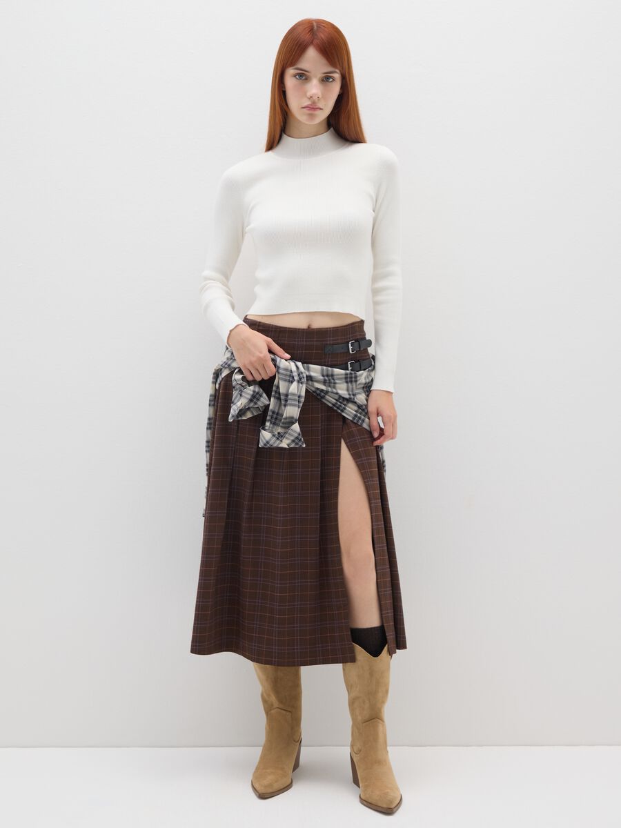 Brown Checked Long Skirt with Buckles_0