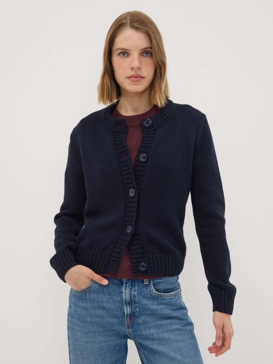Navy pure cotton crew-neck cardigan with buttons, regular fit_1
