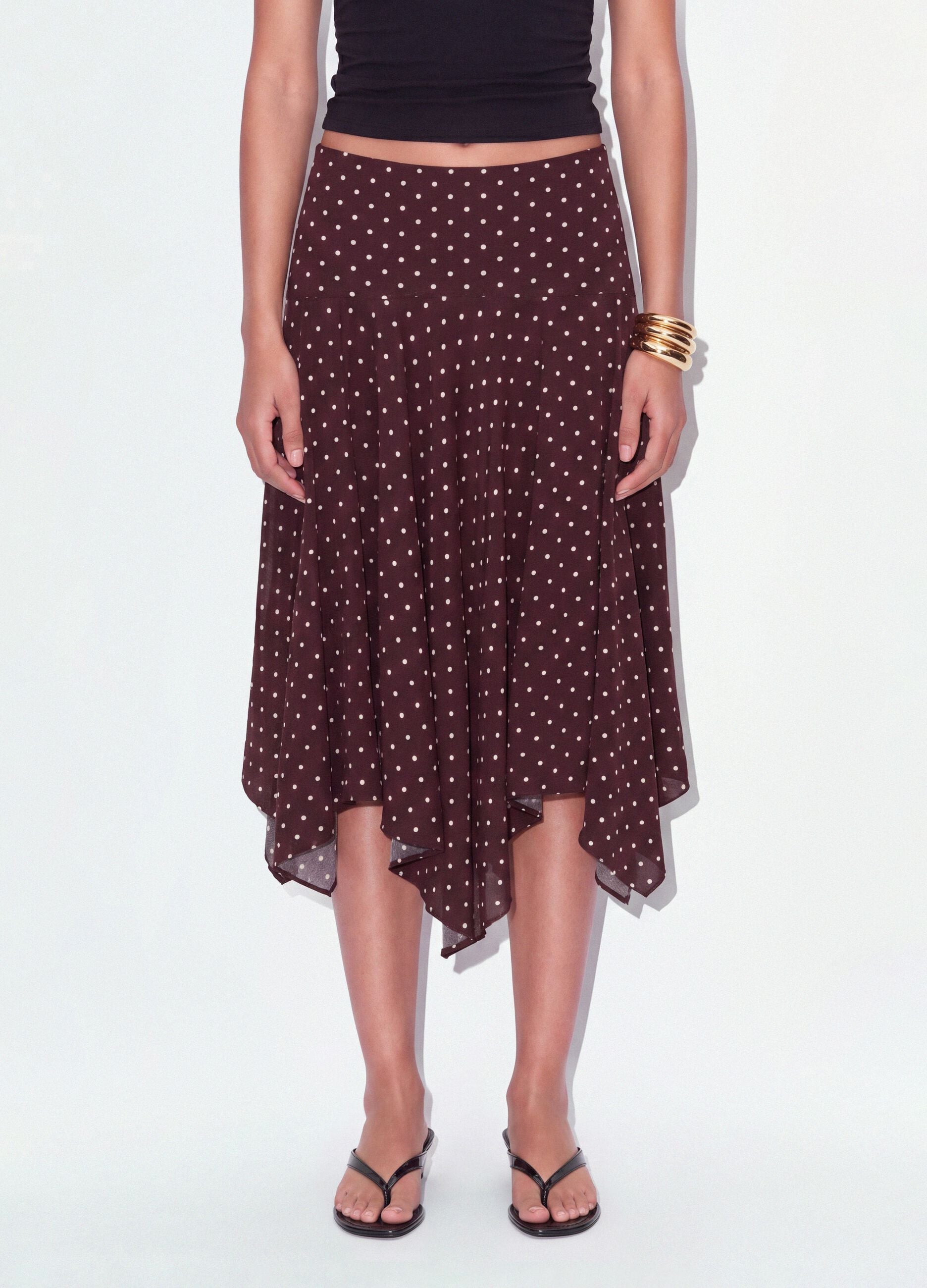 Brown polka-dot skirt in viscose blend with asymmetric hem