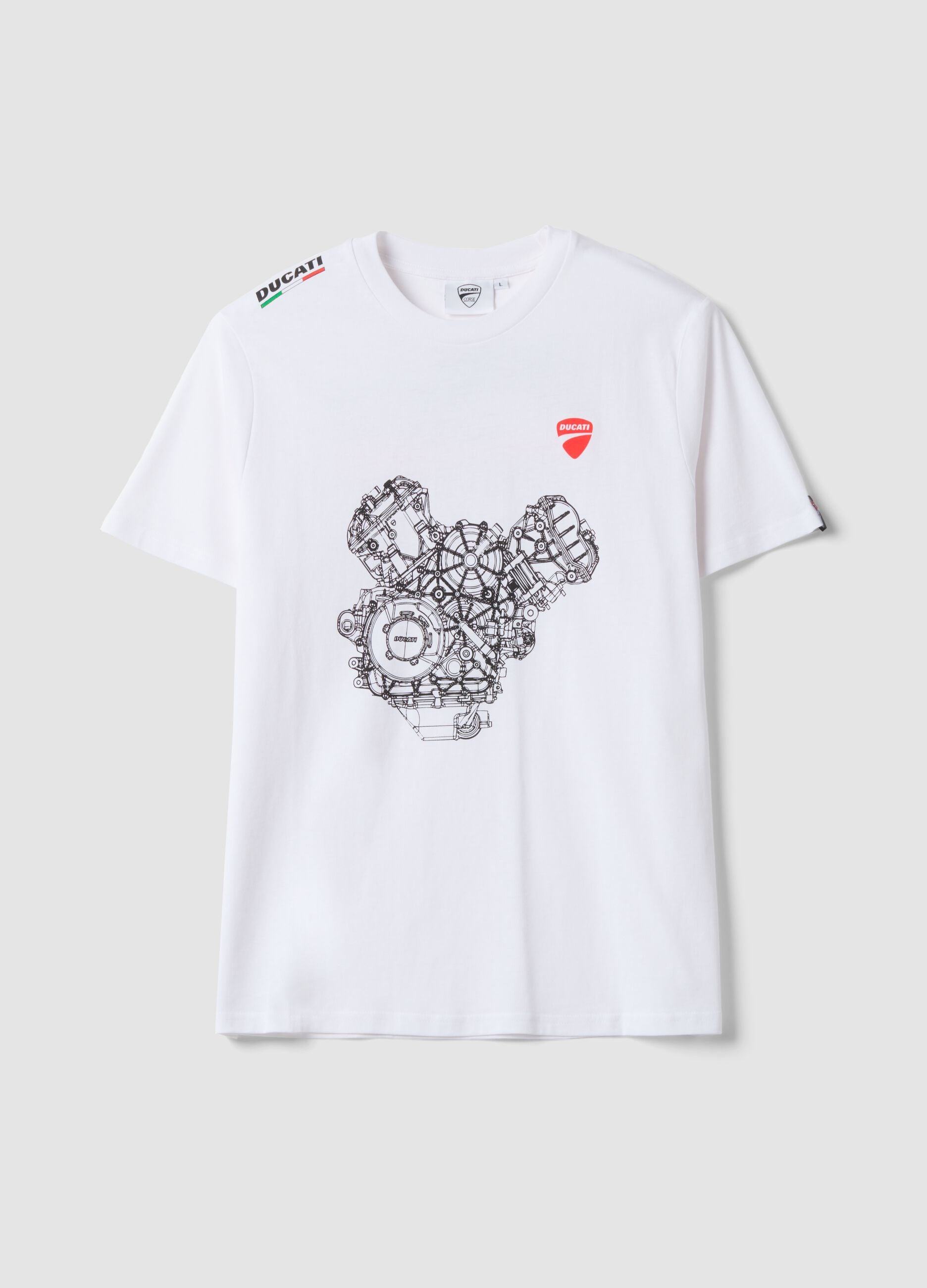 White pure cotton crew-neck T-shirt with Ducati print, regular fit